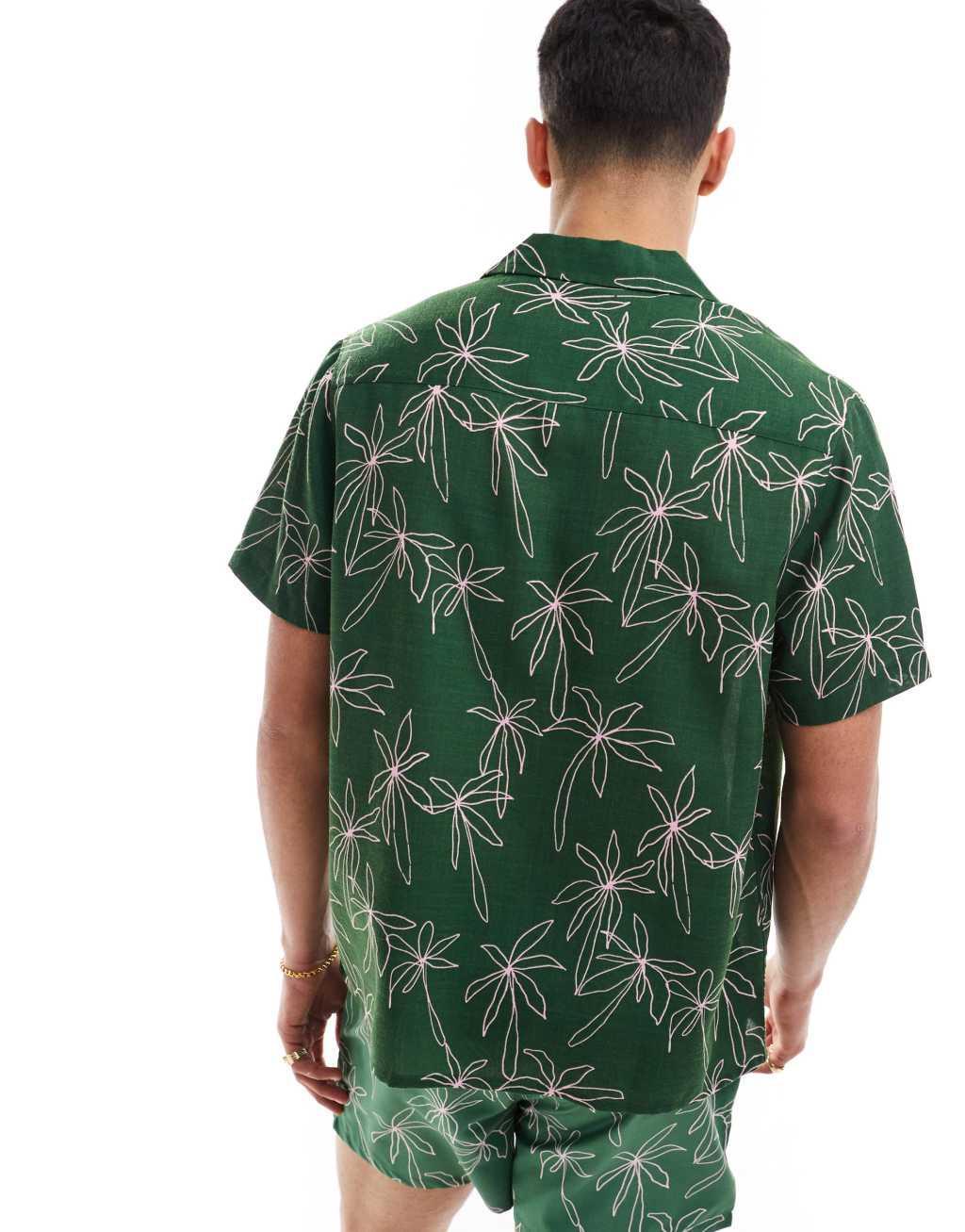 ASOS DESIGN relaxed revere beachy shirt in doodle palm tree print in green - part of a set  Product Image