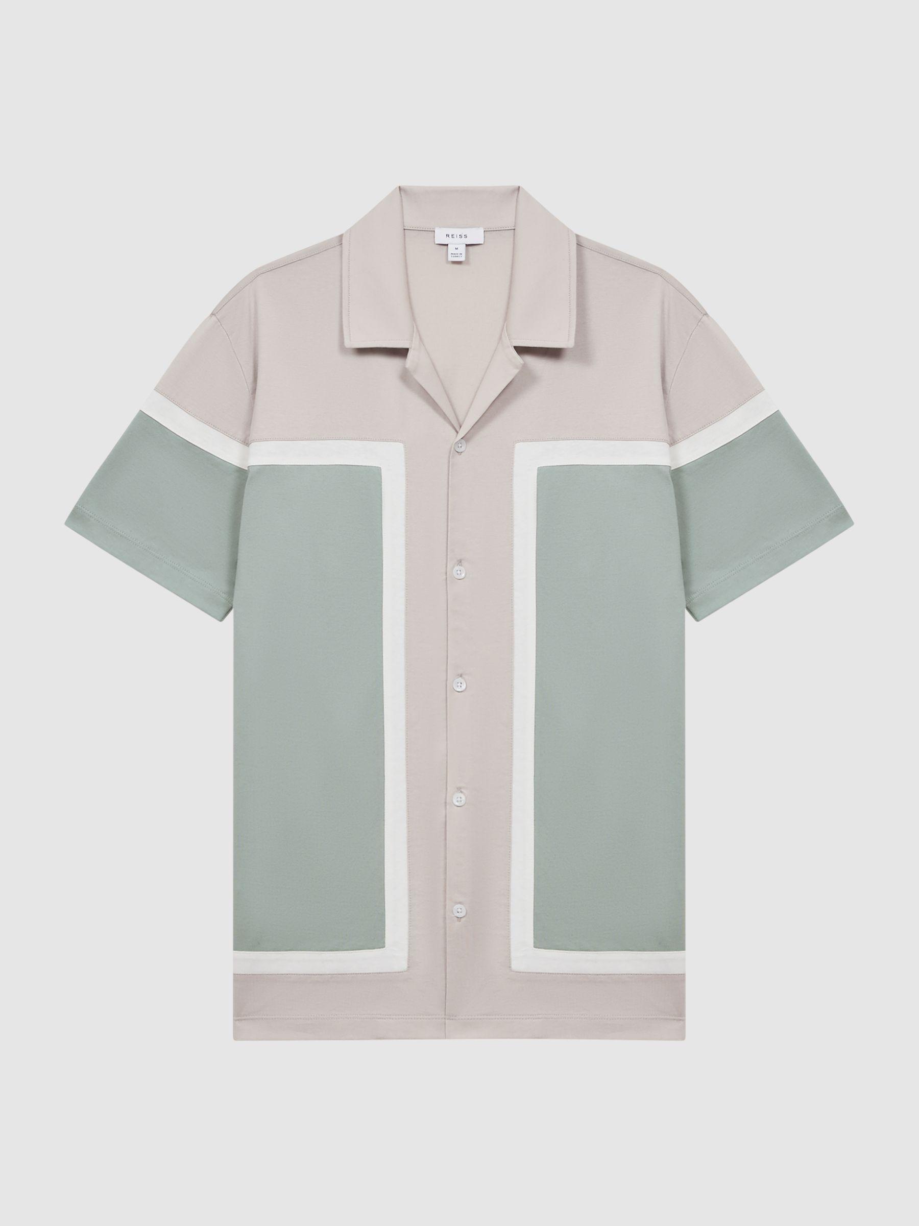 Mercerised Colourblock Cuban Collar Shirt in Sage Multi Product Image
