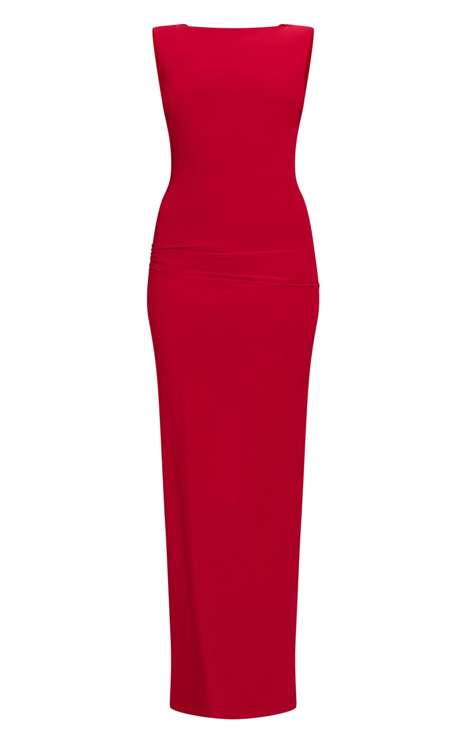 Red Double Layer Slinky Low Back Trim Detail Maxi Dress Product Image