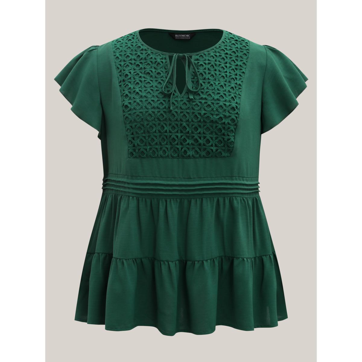 Plus Size DarkGreen Textured Lace Tiered Solid Blouse Women Cap Sleeve V-neck Everyday-Elegant Blouses BloomChic 10/M Product Image