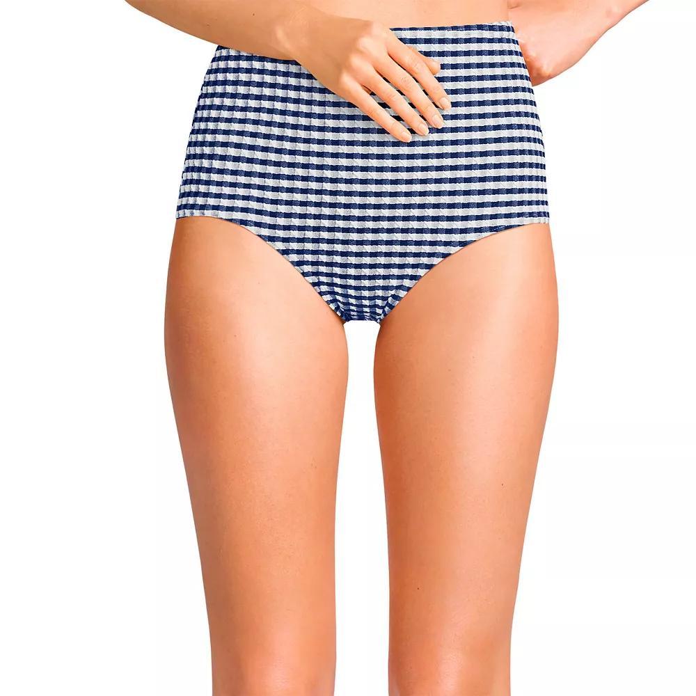 Women's Lands' End Gingham High Waisted Tummy Slimming Tugless Bikini Bottoms, Size: Large, Navy White Gingham Product Image