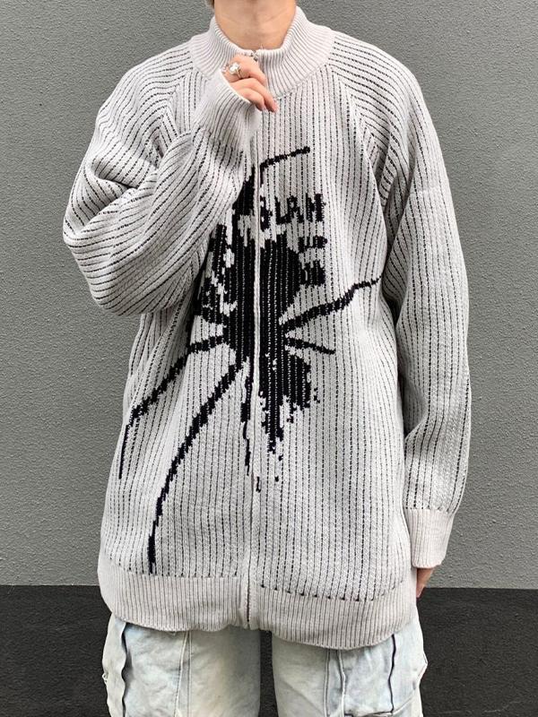 Men's Spider Print Collar Neck Zip Up Knit Outwear Product Image