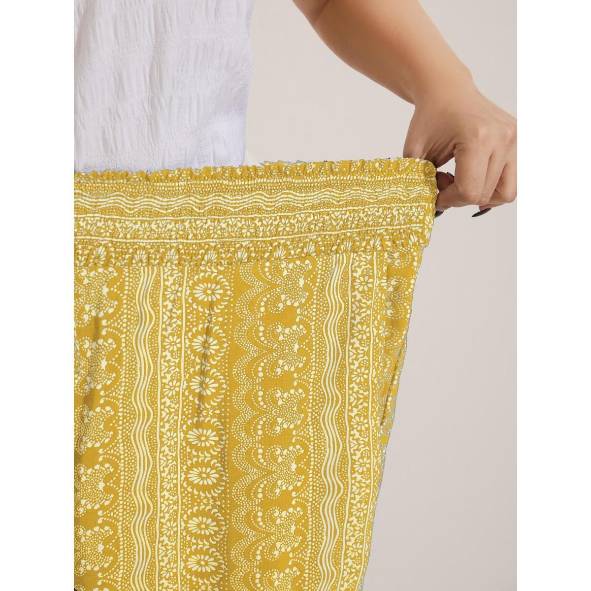 Plus Size Boho Print Shirred Waist Wide-Leg Pants Women Lemonyellow Resort Wide Leg Mid Rise Vacation Pants BloomChic 18-20/2X Product Image