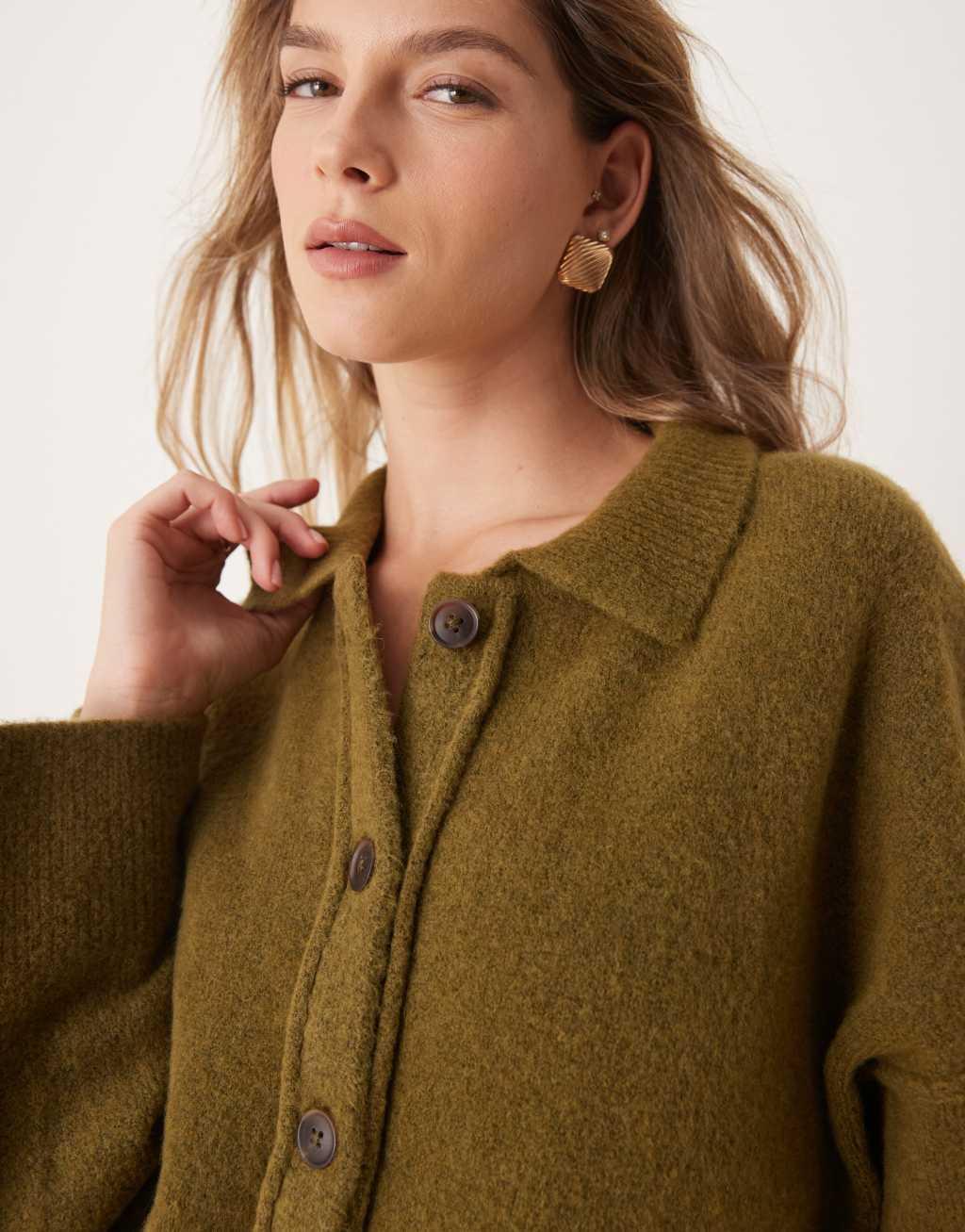 ASOS DESIGN knitted collar shirt cardigan with seam detail in khaki Product Image