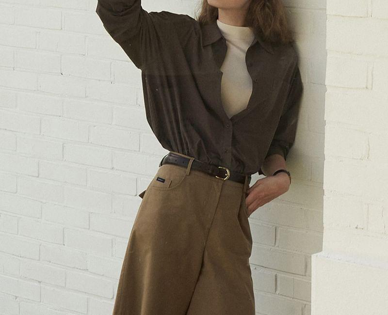 Long Sleeve Collared Plain Button Up Oversized Shirt Product Image