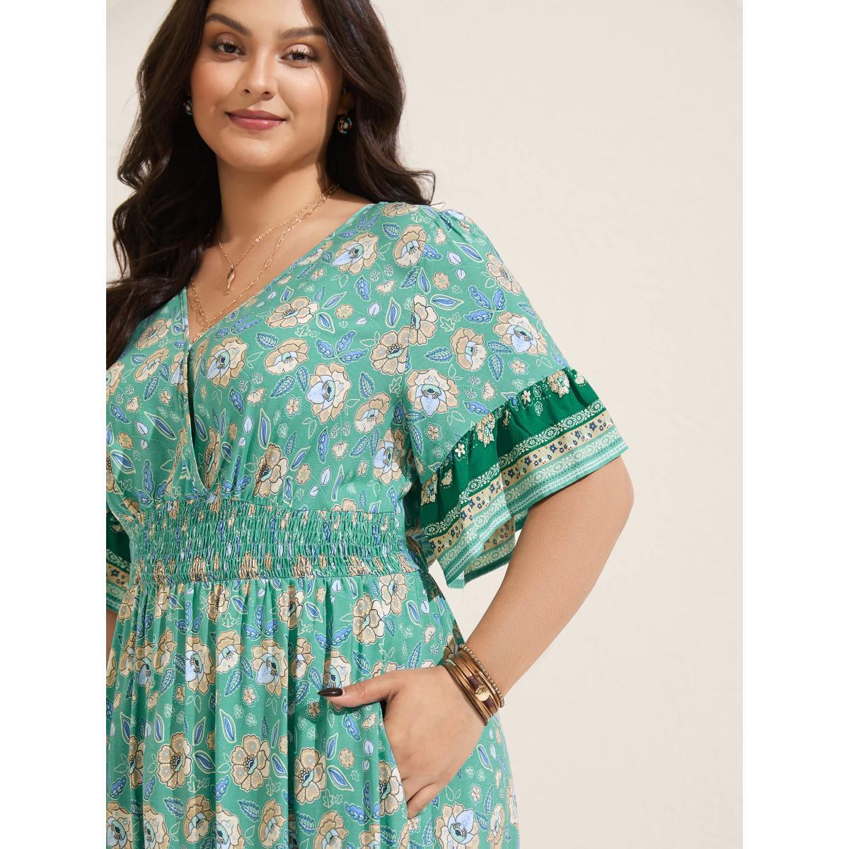 Plus Size Floral Bell Sleeve Shirred Waist Midi Dress Emerald Women Overlap Collar Half Sleeve Curvy BloomChic 26/4X Product Image