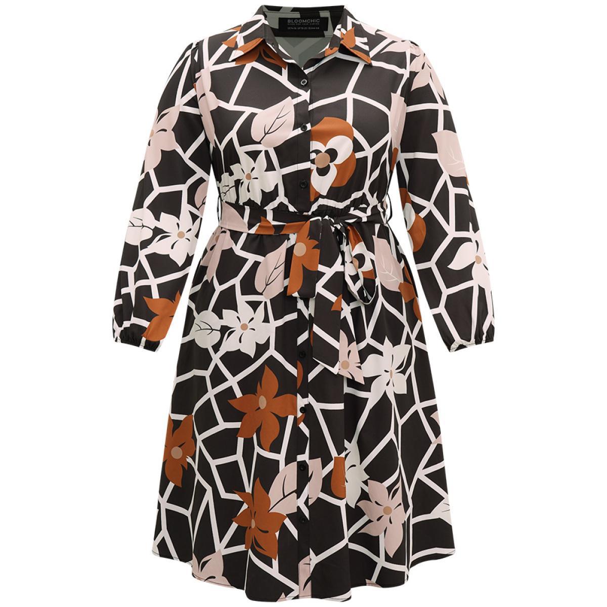 Plus Size Geometric & Plants Button Through Pocket Dress Multicolor Women Office Elastic cuffs Shirt collar Long Sleeve Curvy Midi Dress BloomChic 14-16/1X Product Image