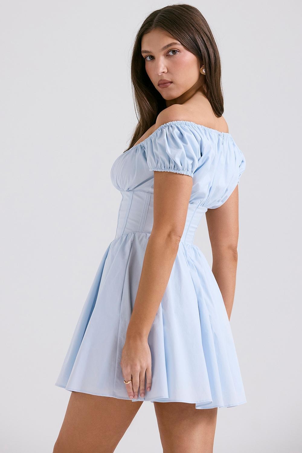 Nala Soft Blue Cotton Gathered Mini Dress Product Image
