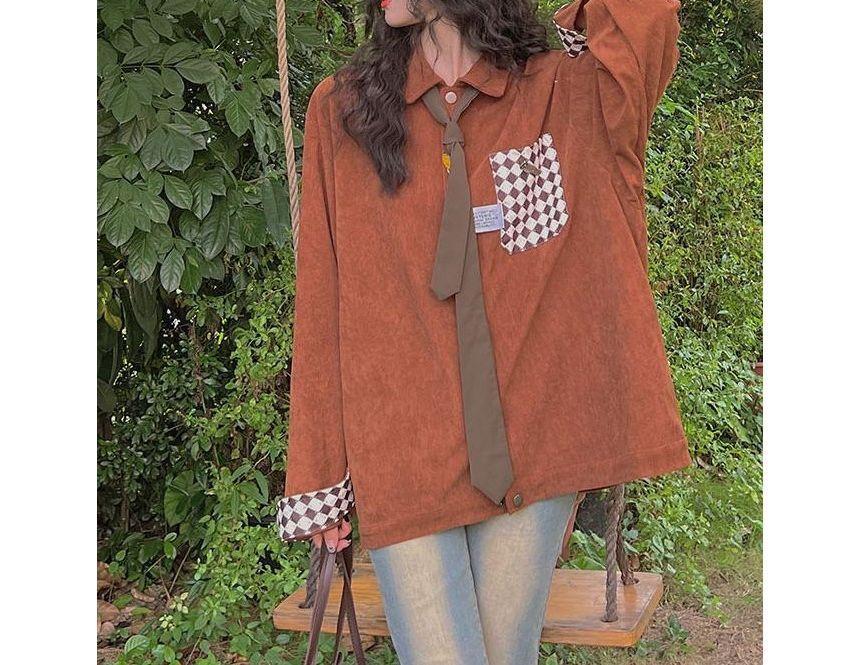 Long-Sleeve Checkerboard Panel Corduroy Shirt Product Image