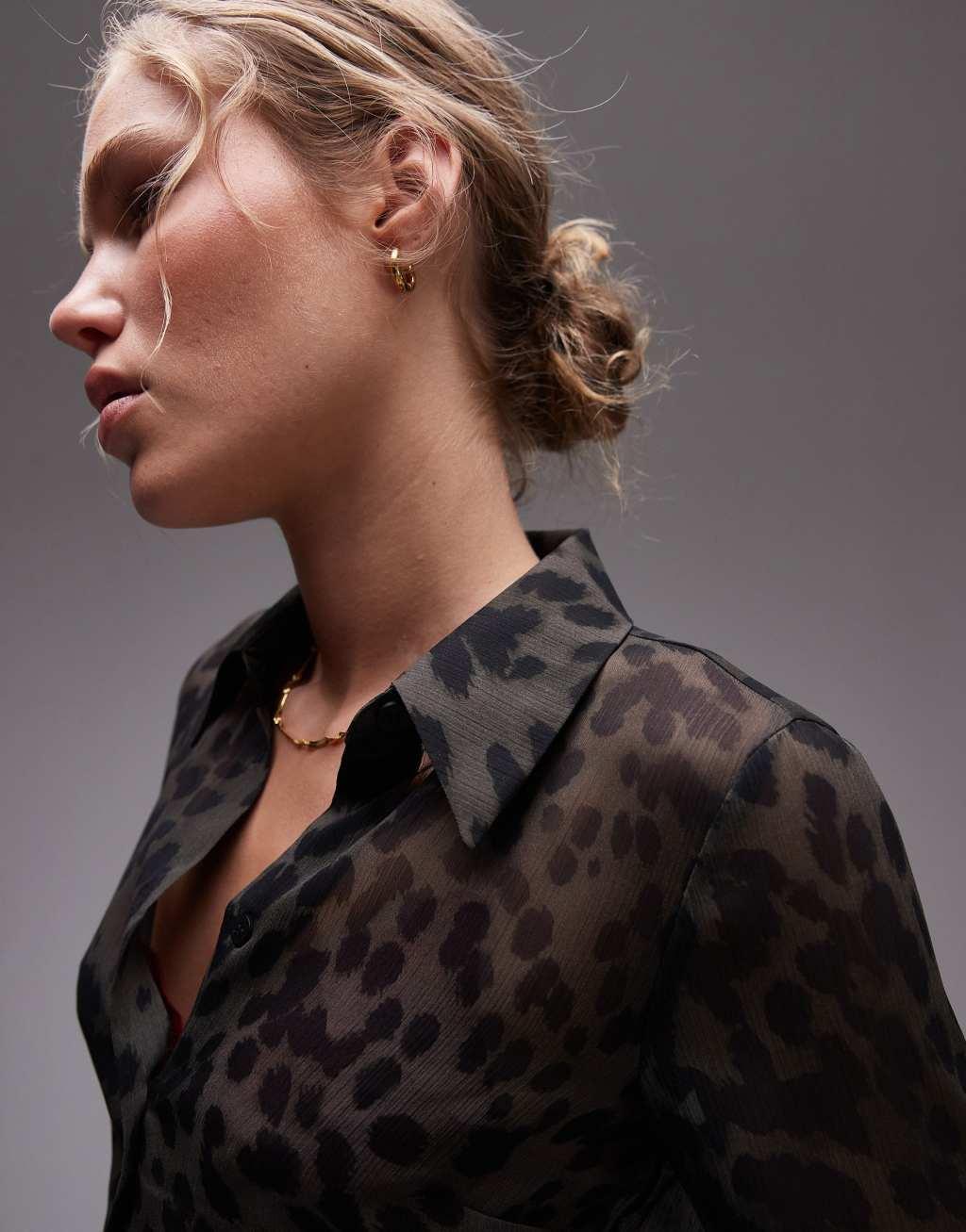 Topshop sheer georgette shirt in leopard Product Image