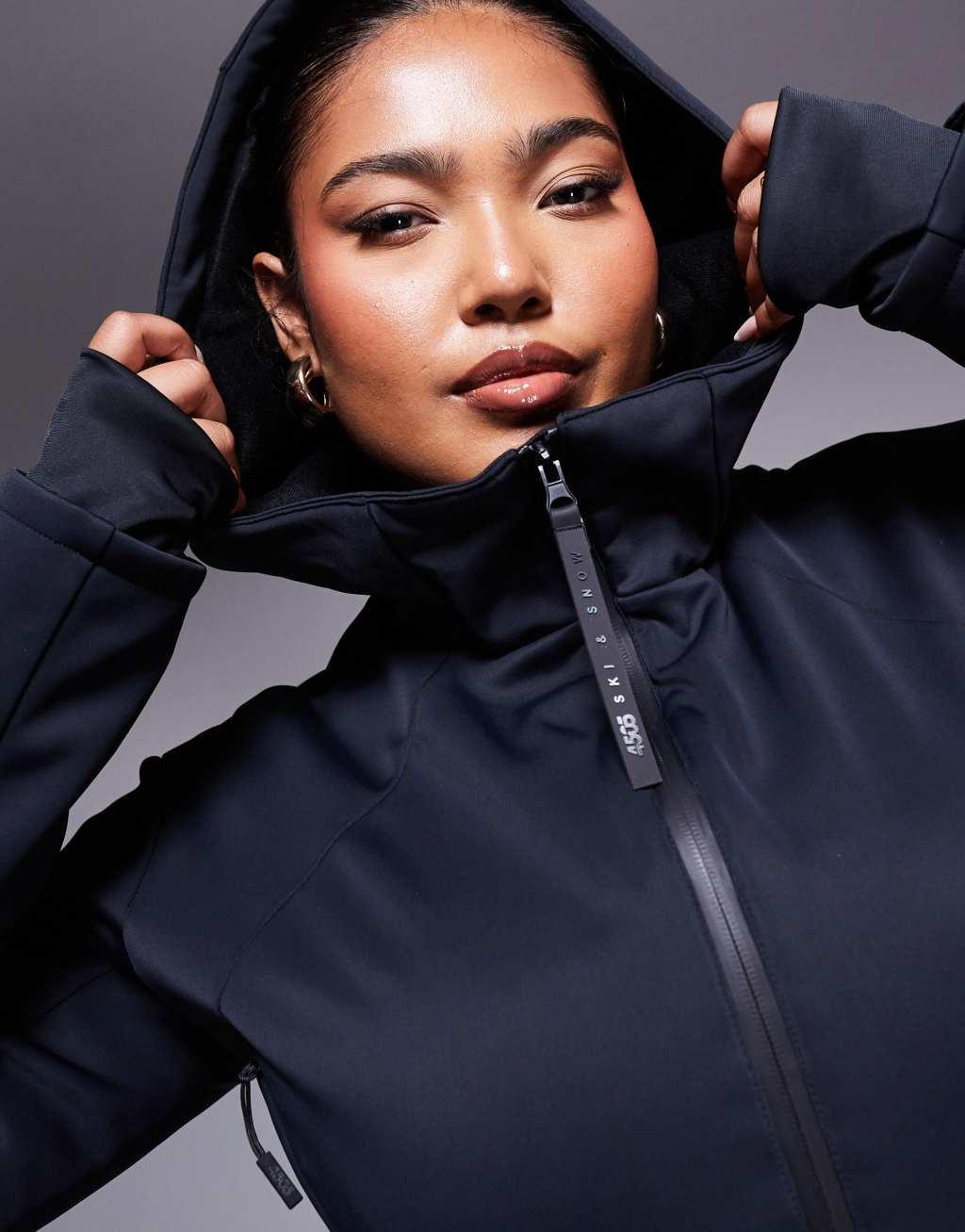 ASOS 4505 Curve belted ski suit with skinny leg and hood in black Product Image