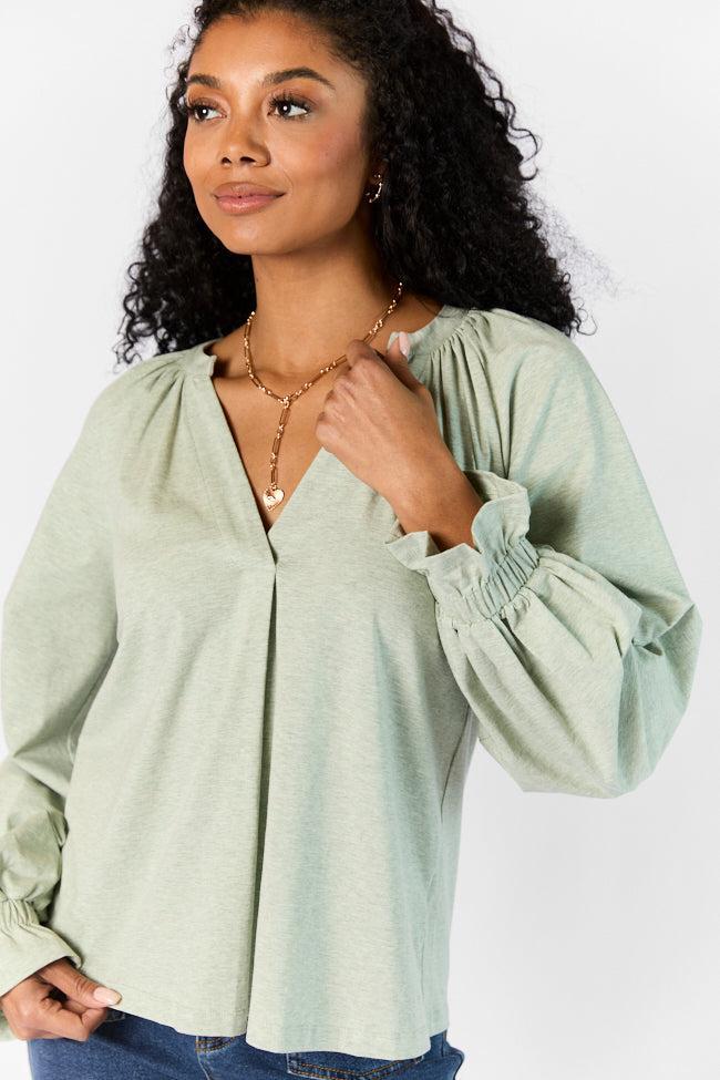 Simply You Sage Knit Notched Neck Long Sleeve Blouse FINAL SALE Product Image