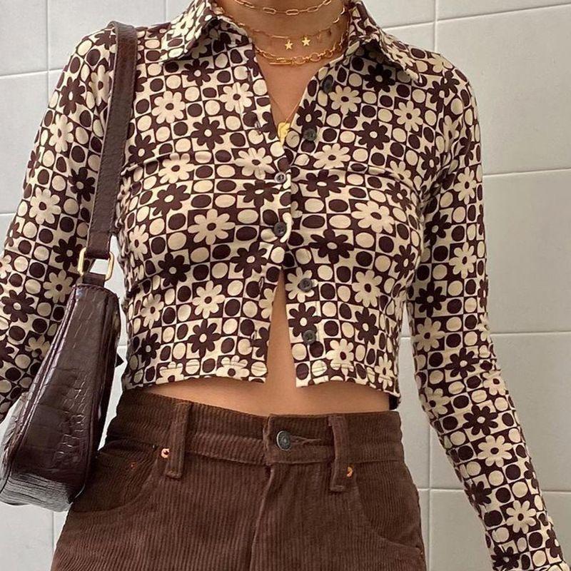 Long Sleeve Collared Printed Cropped Shirt Product Image