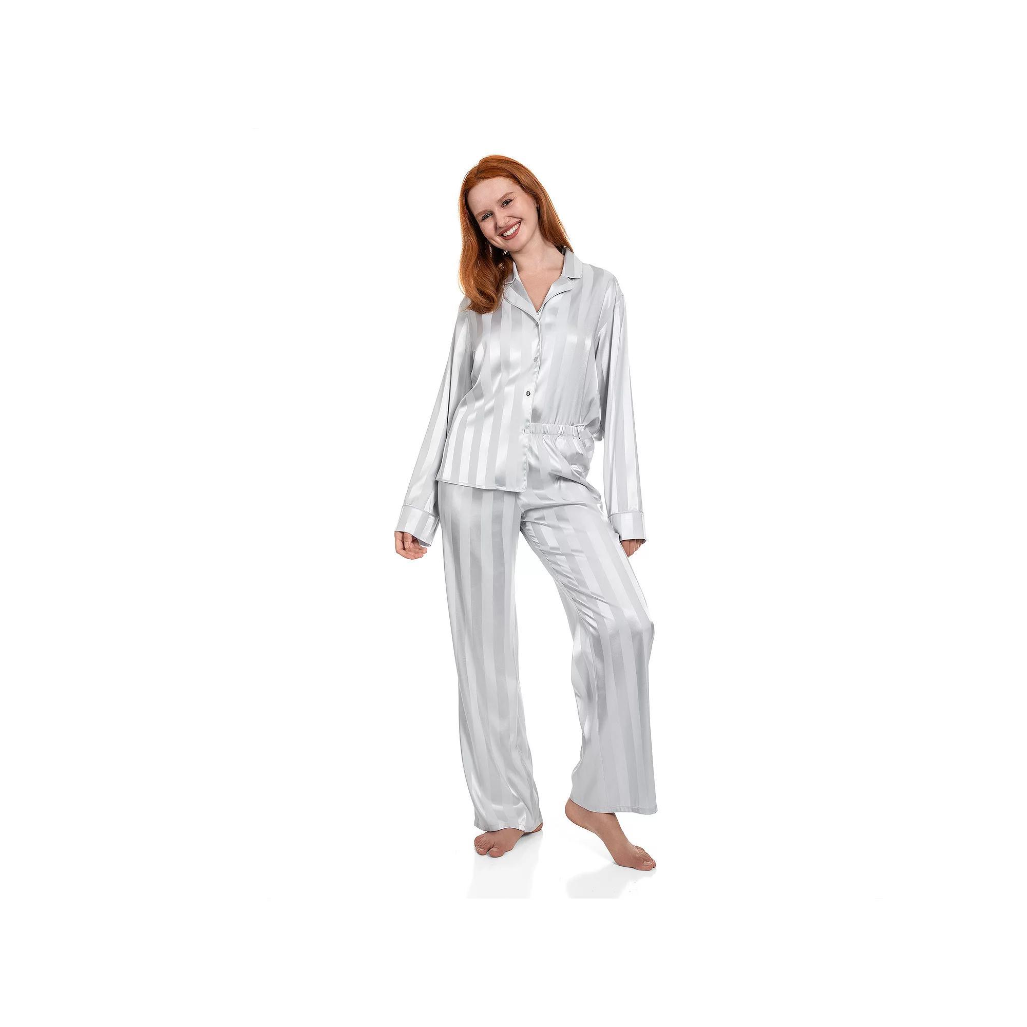 Women's Lilac+London Long Satin Notch Collar Pajama Top & Pajama Bottoms Set, Size: XXL LONG, Red Product Image