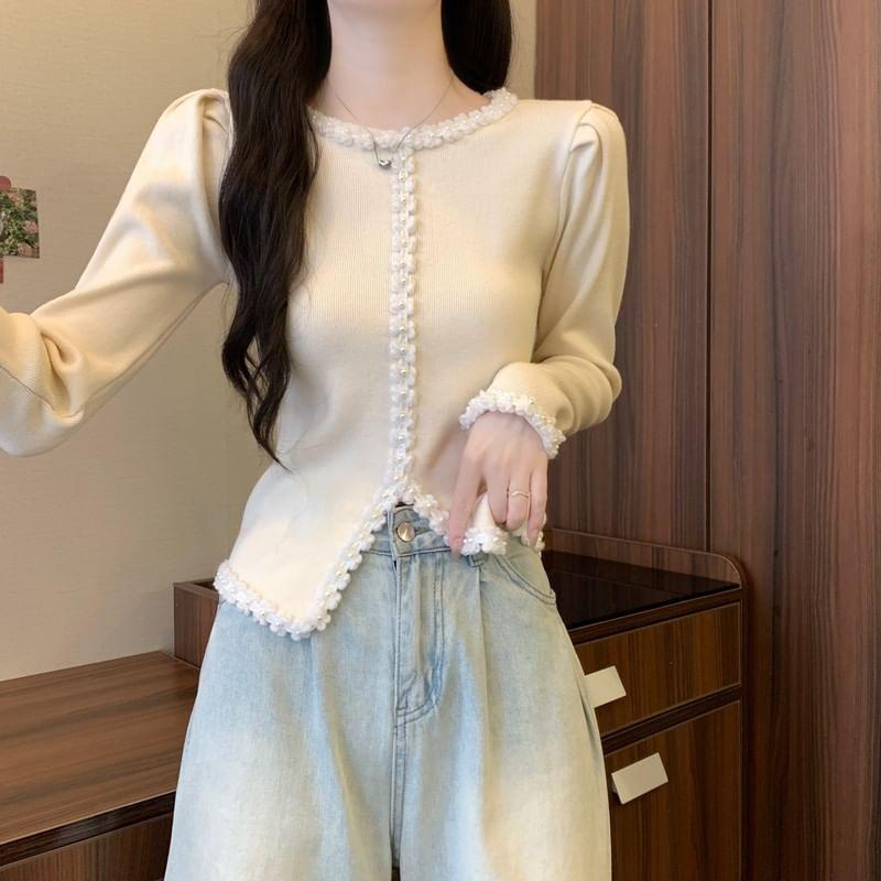 Long-Sleeve Round Neck Faux Pearl Accent Contrast Trim Slit Knit Top Product Image