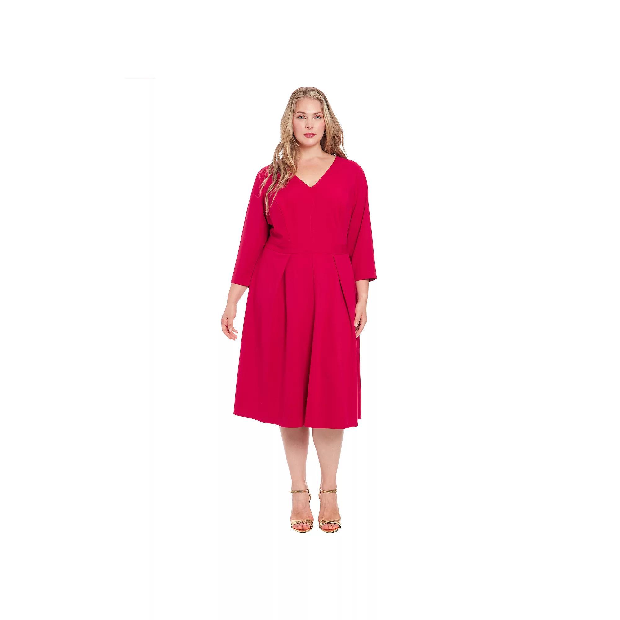 Plus Size London Times V-Neck Tuck Front Fit & Flare Dress, Women's, Size: 14 W, Red Product Image