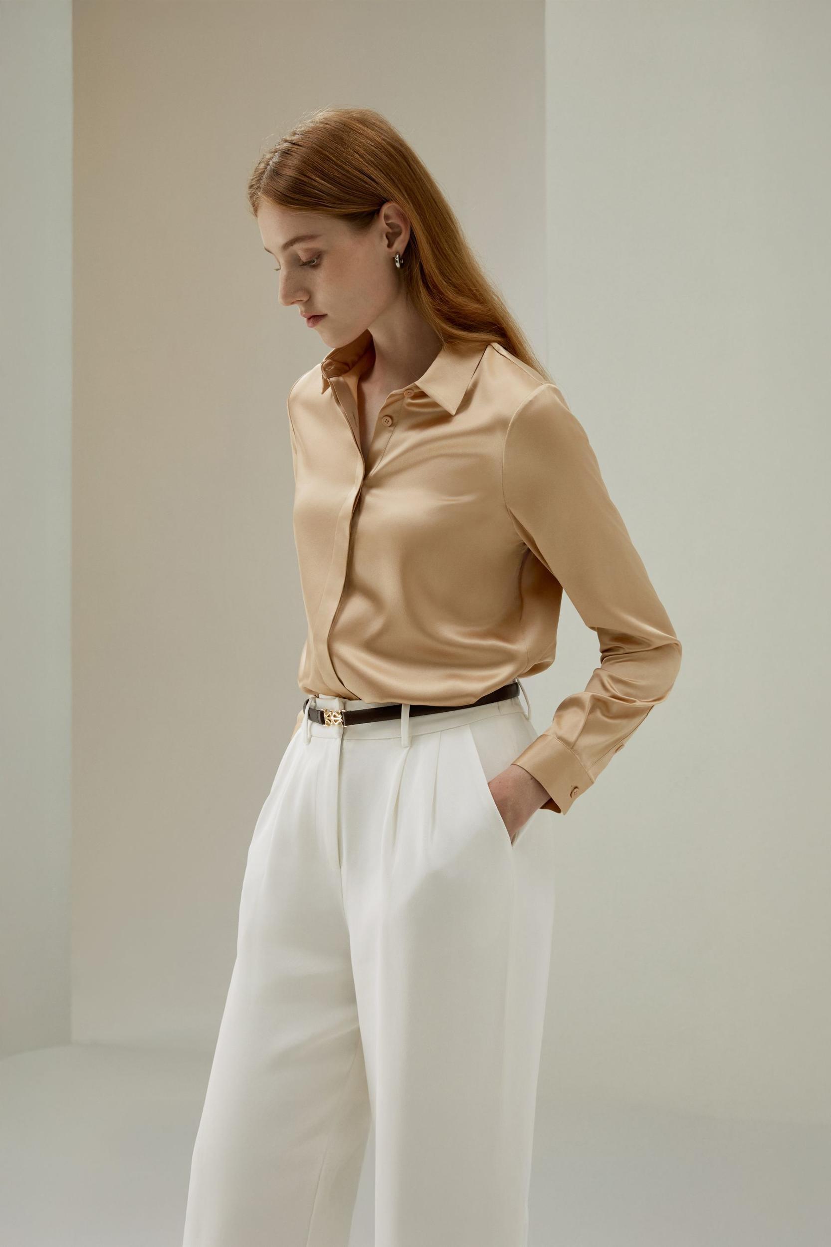 Basic Concealed Placket Silk Shirt Product Image