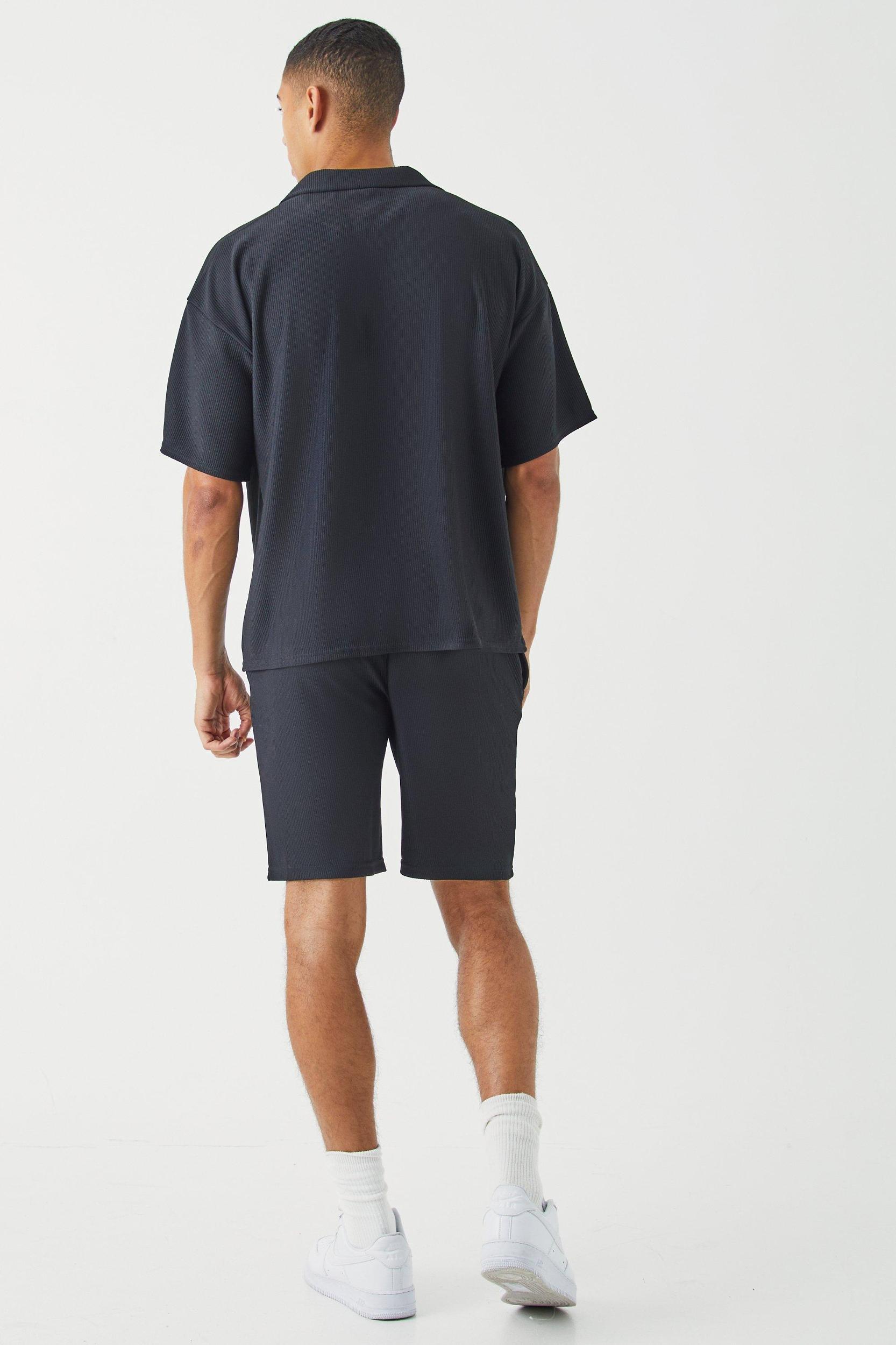 Short Sleeve Ribbed Boxy Shirt And Short Set | boohooMAN USA Product Image