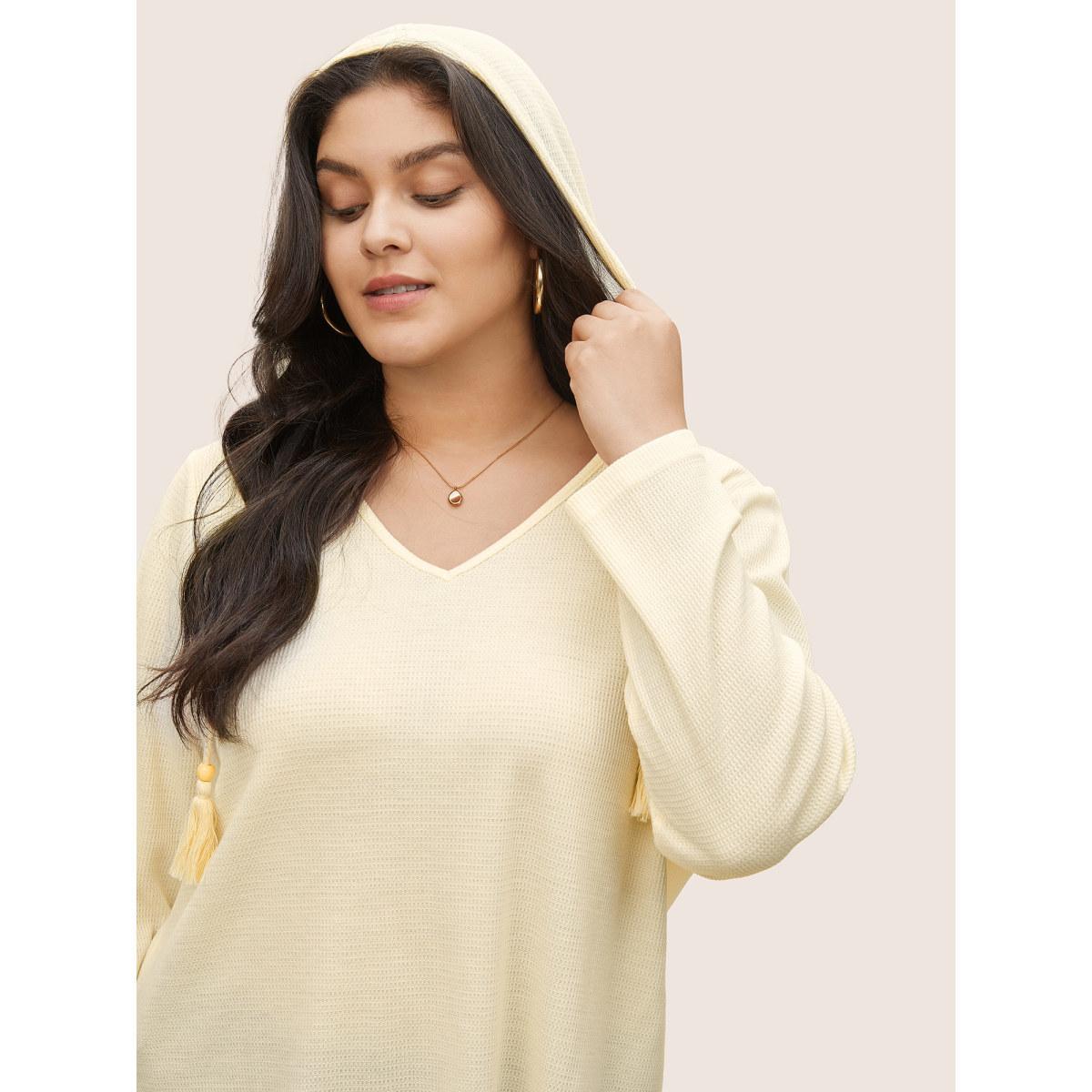 Plus Size Plain Waffle Knit Tassel Trim Hooded Sweatshirt Women Beige Casual Tassels V-neck Everyday Sweatshirts BloomChic 18-20/2X Product Image