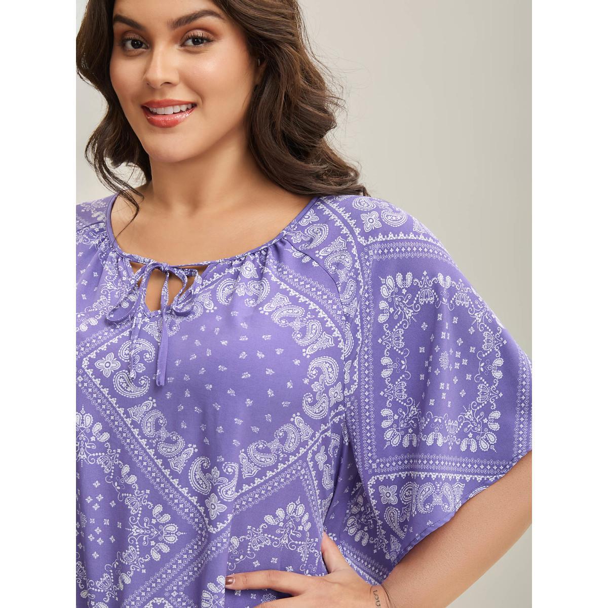 Plus Size Lavender Cube Floral Pattern Shirred Hem Blouse Women Short sleeve Round Neck Vacation Blouses BloomChic 12/L Product Image