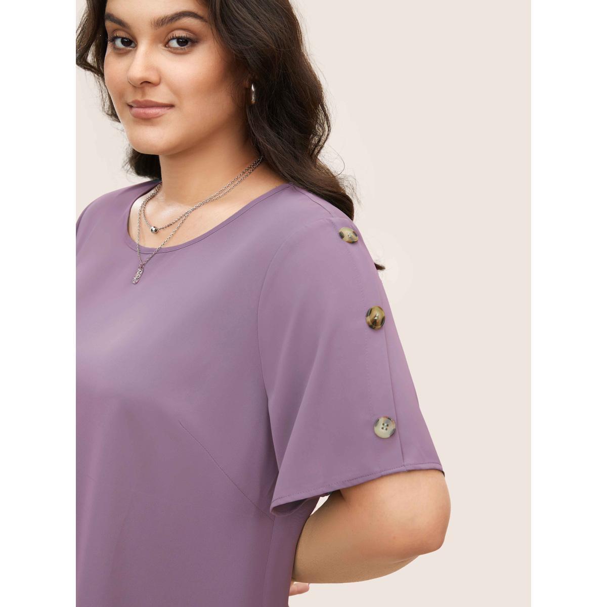 Plus Size Mauve Plain Round Neck Button Detail Blouse Women Casual Short sleeve Round Neck Everyday Blouses BloomChic 30/6X Product Image