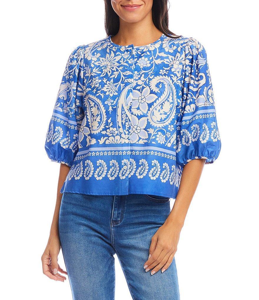 Karen Kane Crew Neck Short Sleeve Floral Paisley Printed Blouse Product Image