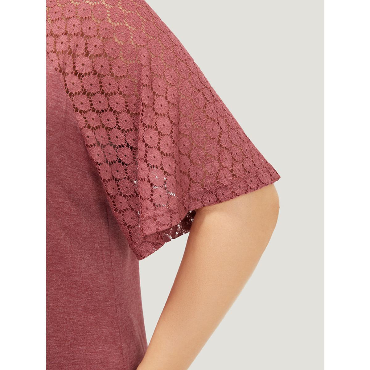Plus Size Plain Lace Raglan Sleeve Heather Crisscross Neck T-shirt Russet Women Elegant Patchwork Plain V-neck Dailywear T-shirts BloomChic 30/6X Product Image