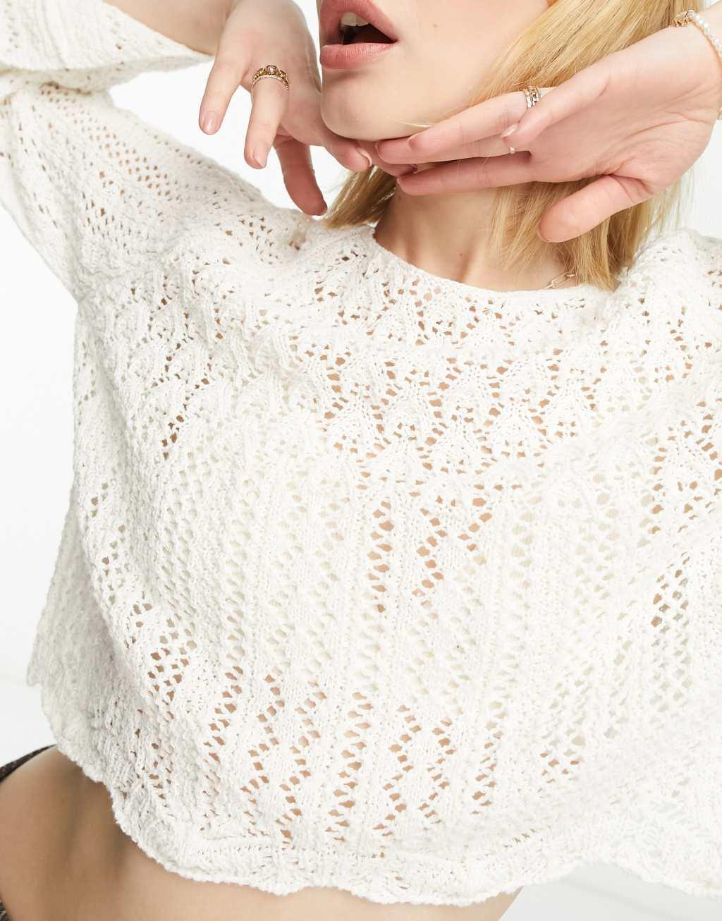 ONLY crochet cropped wide sleeve sweater in white Product Image