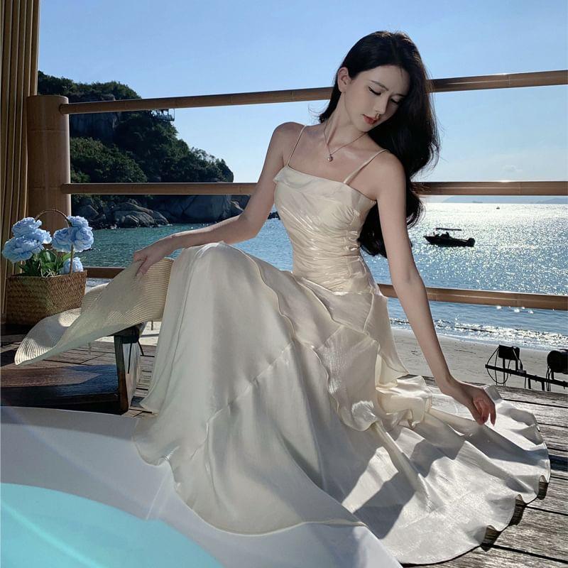 Spaghetti Strap Plain Ruched Asymmetrical Tiered Maxi A-Line Dress Product Image
