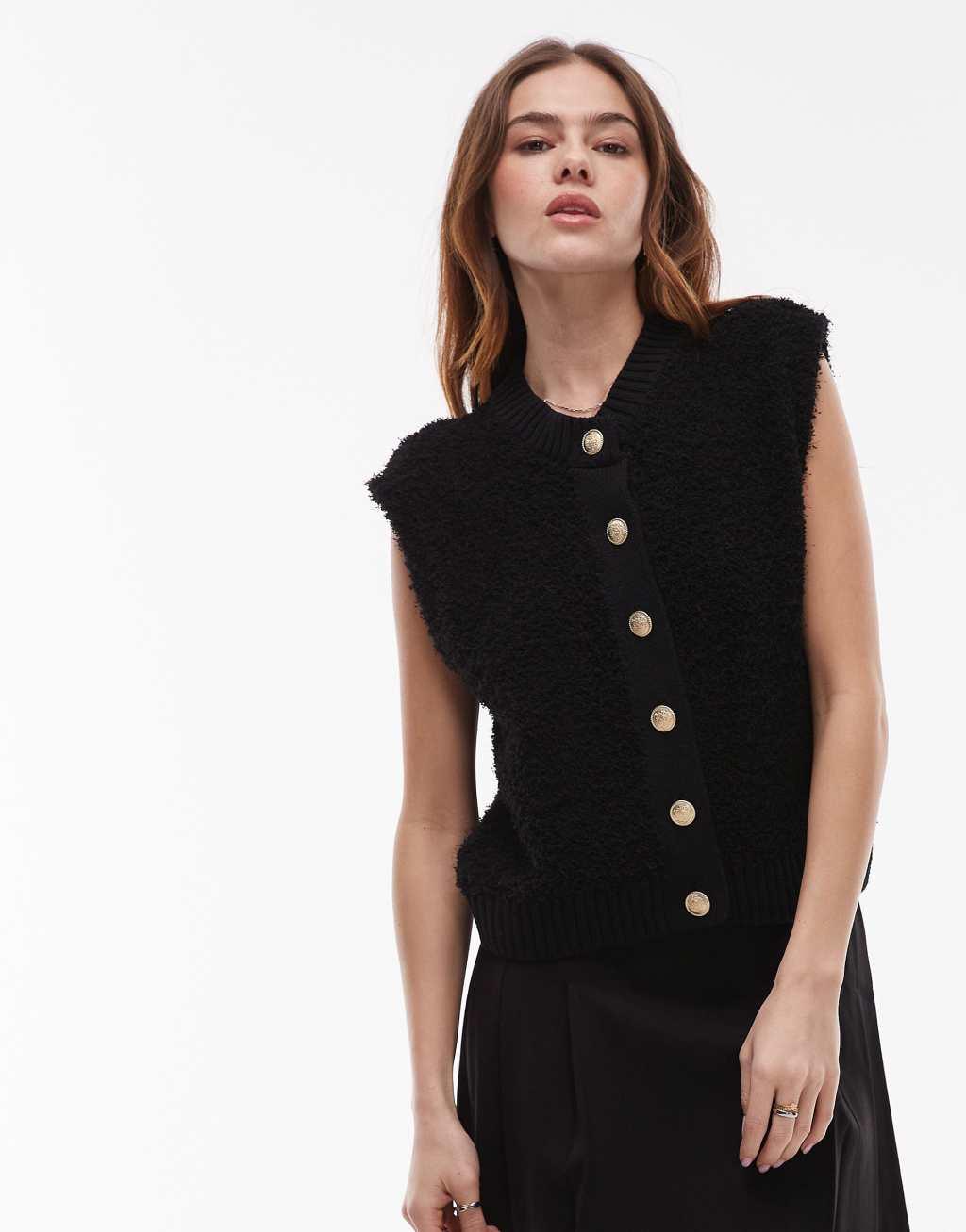 Mango knit button up vest in black Product Image