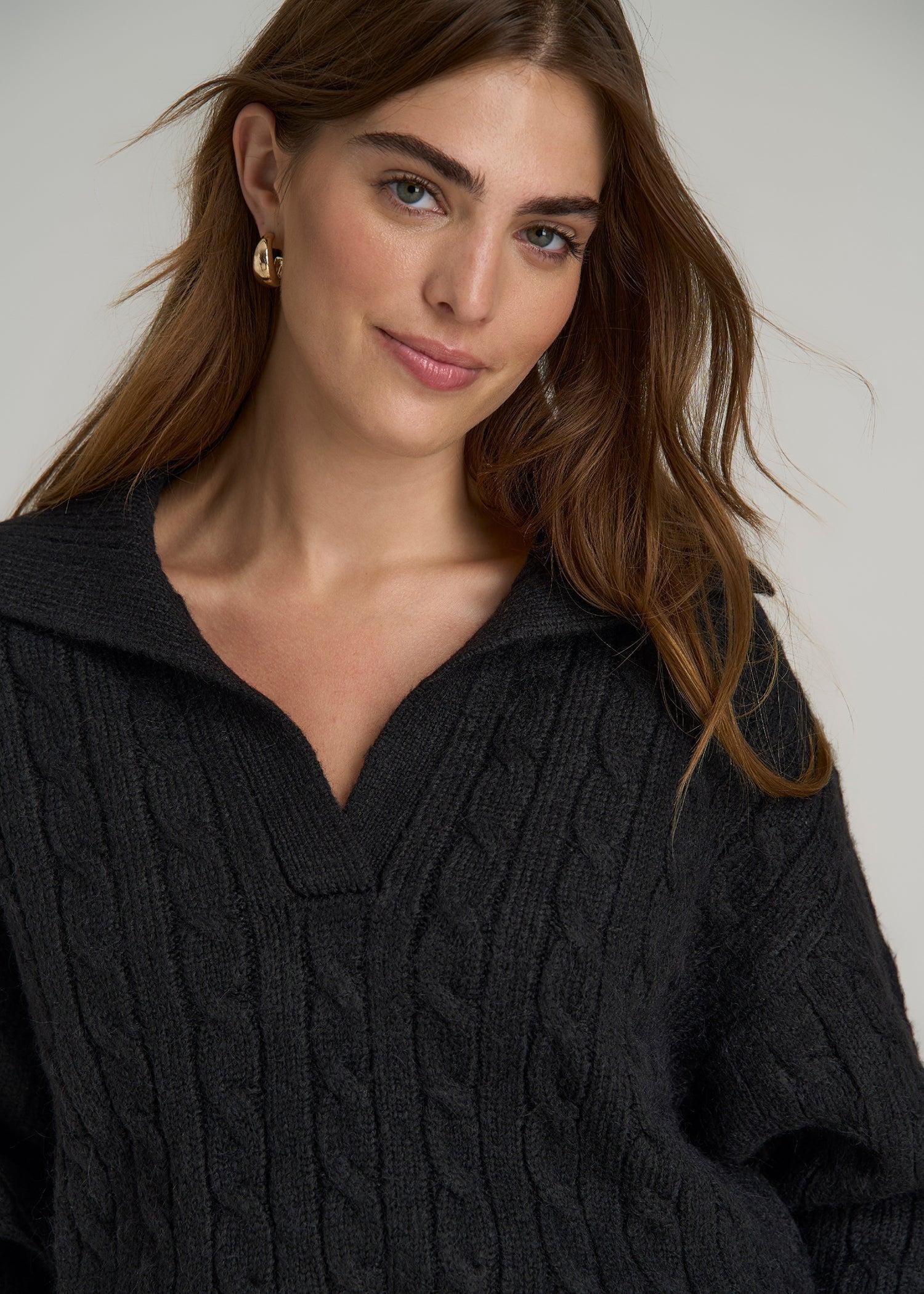 Johnny Collar Cable Knit Sweater for Tall Women in Black Product Image