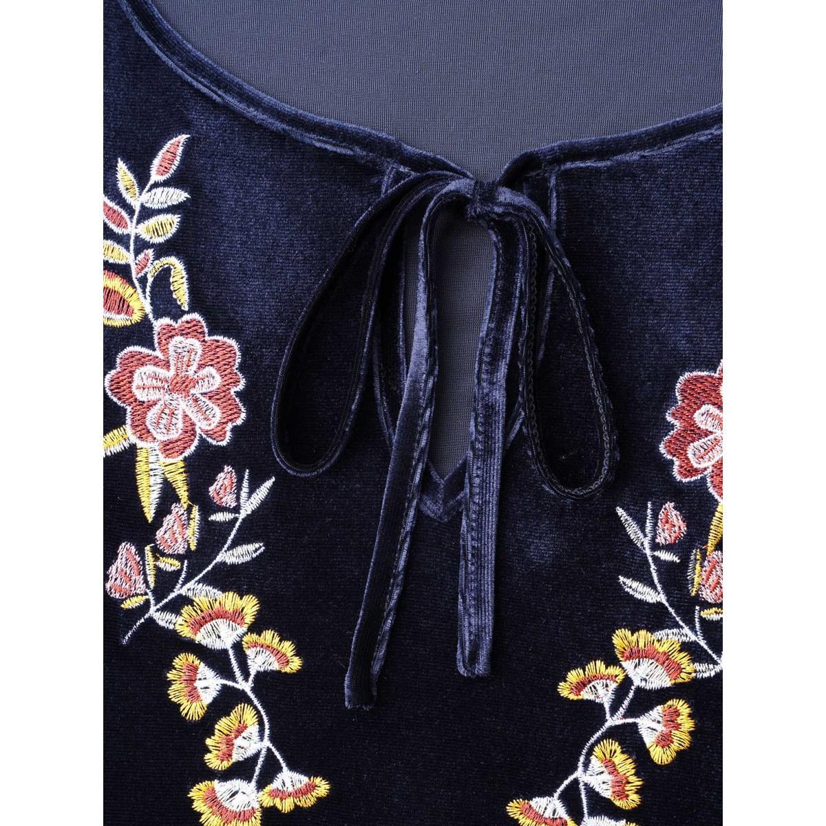 Plus Size Indigo Floral Embroidered Velvet Tie Knot Blouse Women Elegant Long Sleeve V-neck Everyday Blouses BloomChic 10/M Product Image