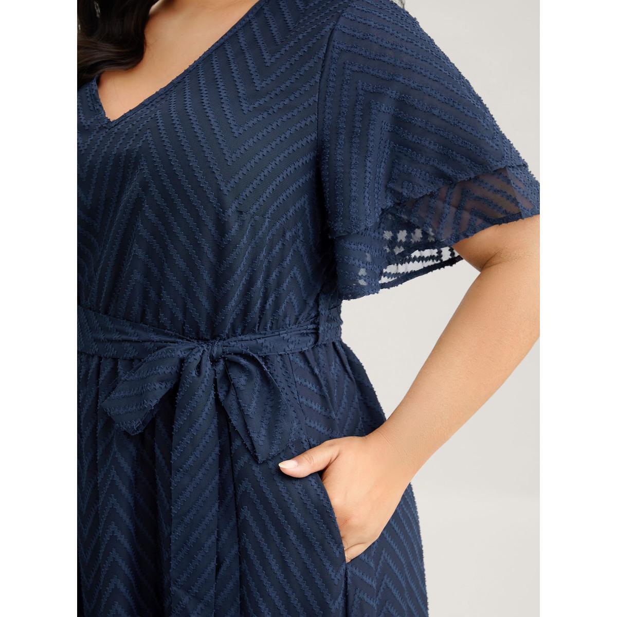 Plus Size Texture Tiered Ruffle Sleeve See Through Dress Navy Women Elegant Texture V-neck Half Sleeve Curvy BloomChic 22-24/3X Product Image