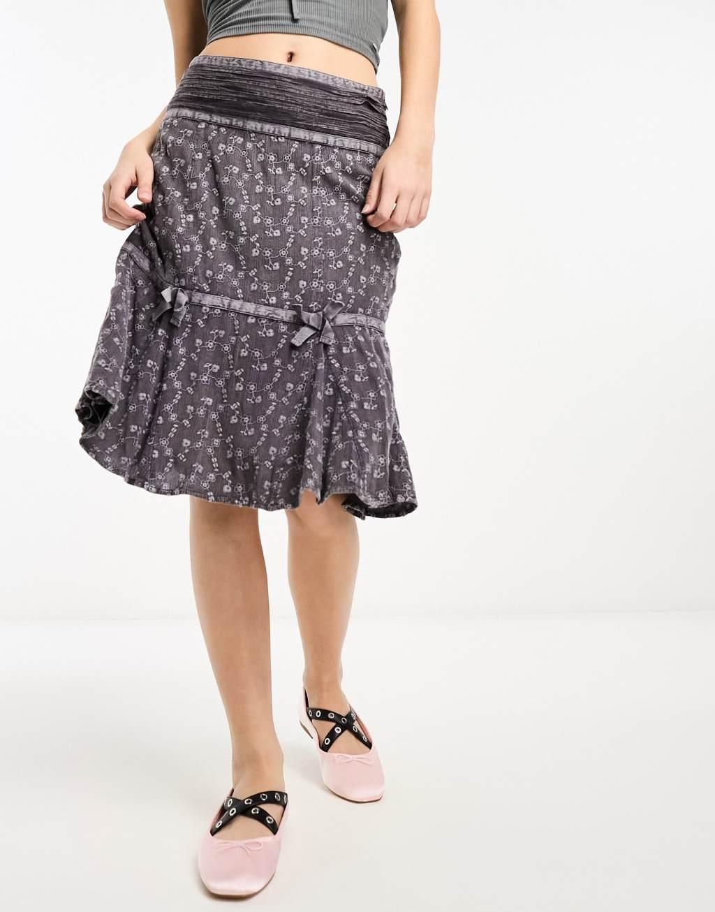 Reclaimed Vintage washed midi skirt with ribbon and bow detail-Gray Product Image
