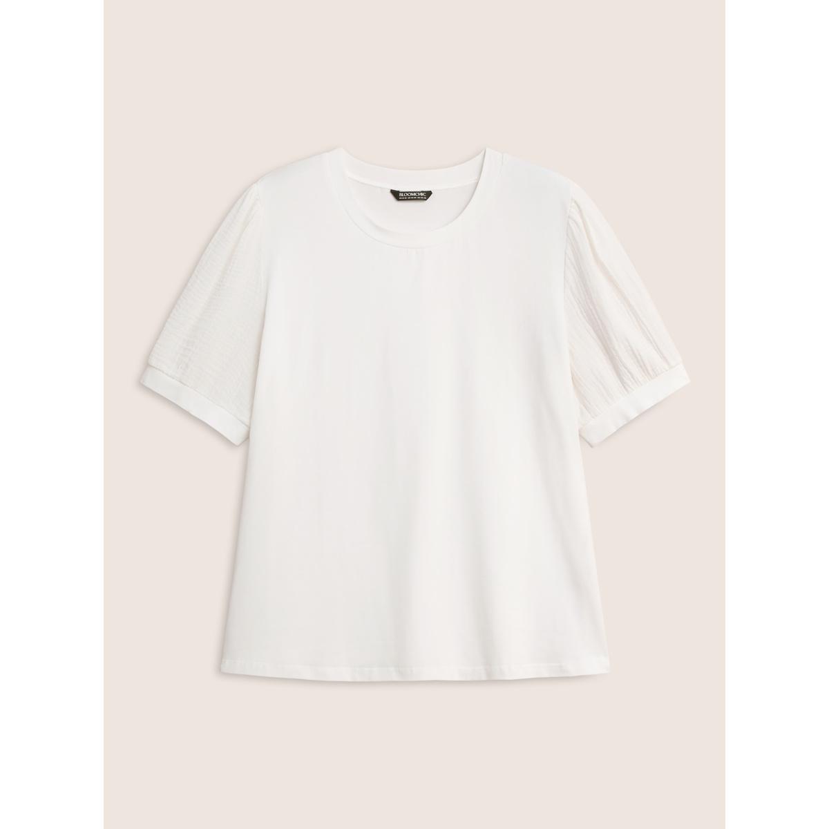 Plus Size Plain Textured Patchwork Lantern Sleeve T-Shirt WhiteSmoke Women Casual Texture Round Neck Everyday T-shirts BloomChic 26/4X Product Image