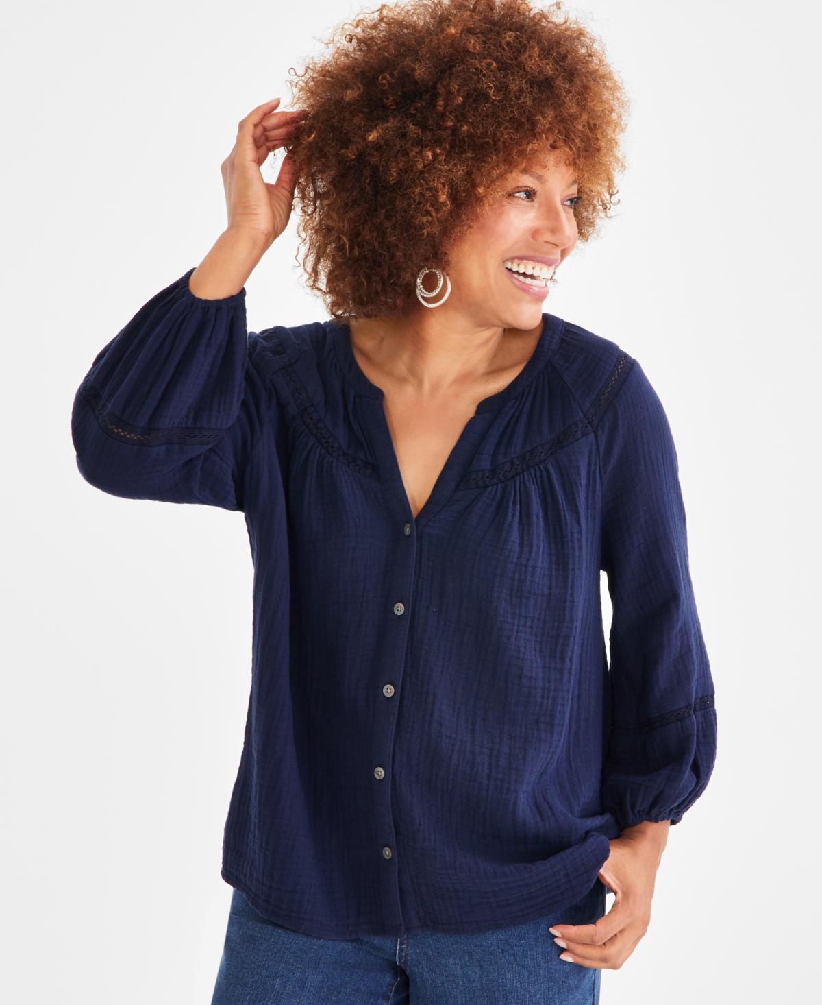 Style & Co Womens Cotton Button-Front Lace-Trim Top, Created for Macys Product Image