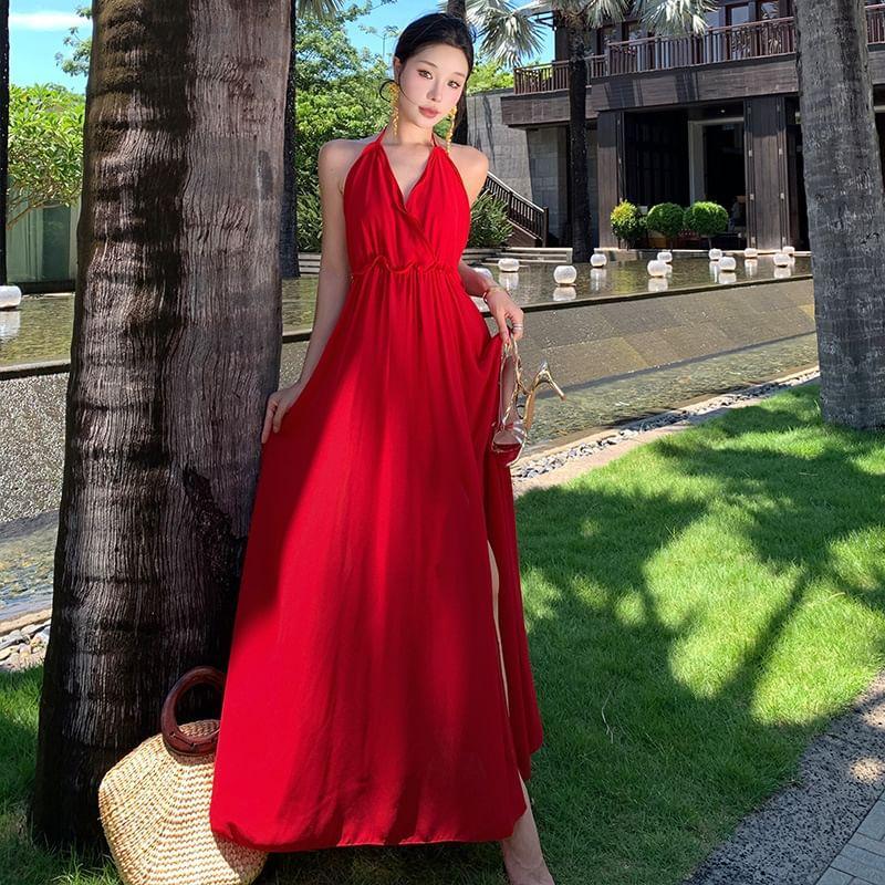 Halter Neck Plain Plain Maxi A-Line Dress Product Image
