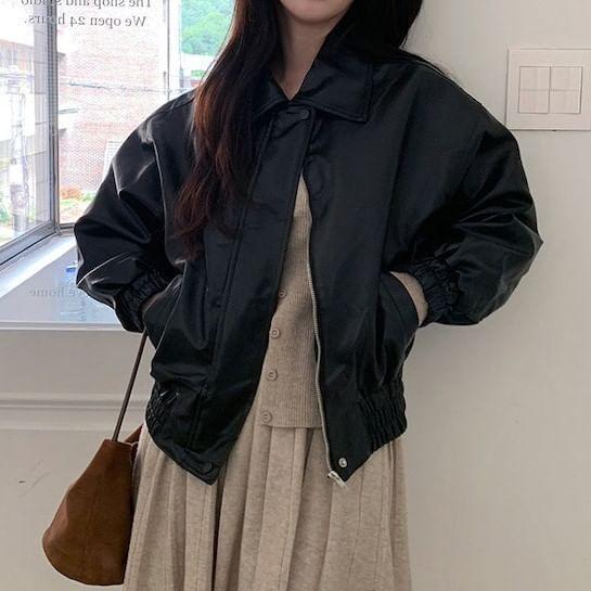 Collared Plain Zip faux Leather Jacket Product Image