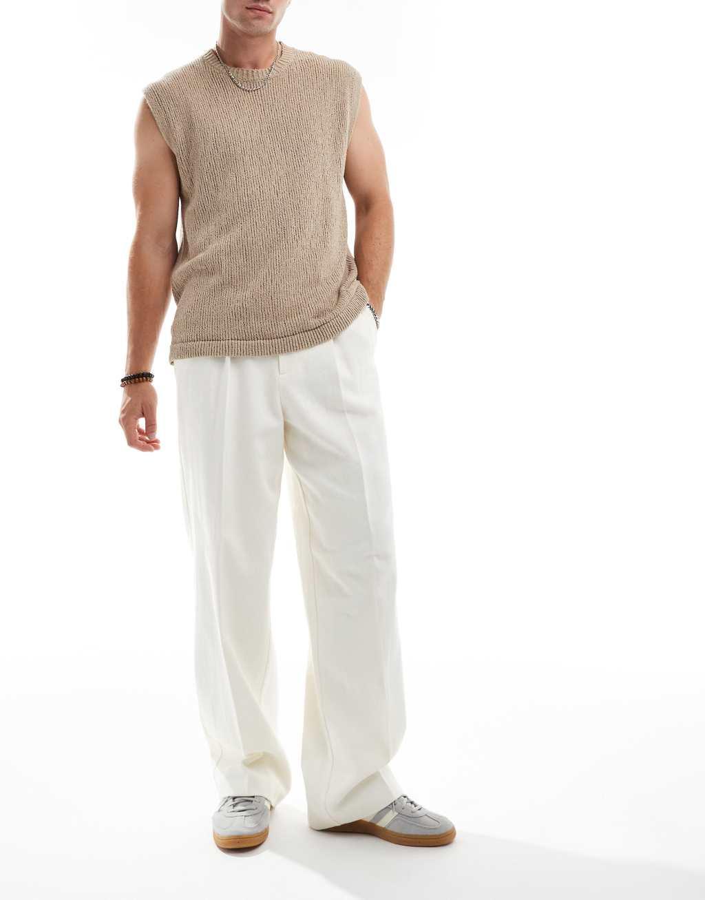 ASOS DESIGN smart wide leg pants in white textured fabric Product Image