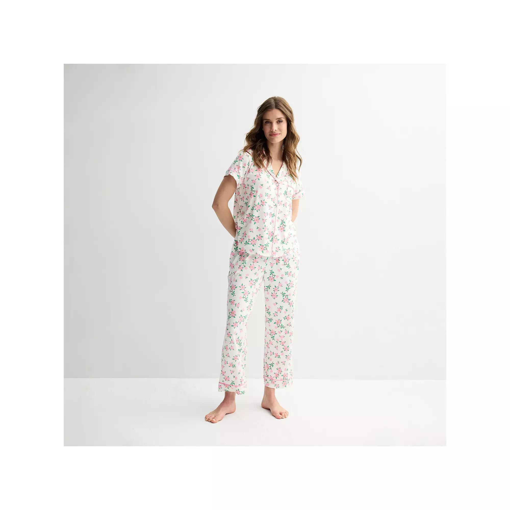 Women's Draper James 2-Piece Printed Cozy Short Sleeve Notch Collar Pajama Top & Pajama Pants Set, Size: Medium, Antique White Magnolia Product Image