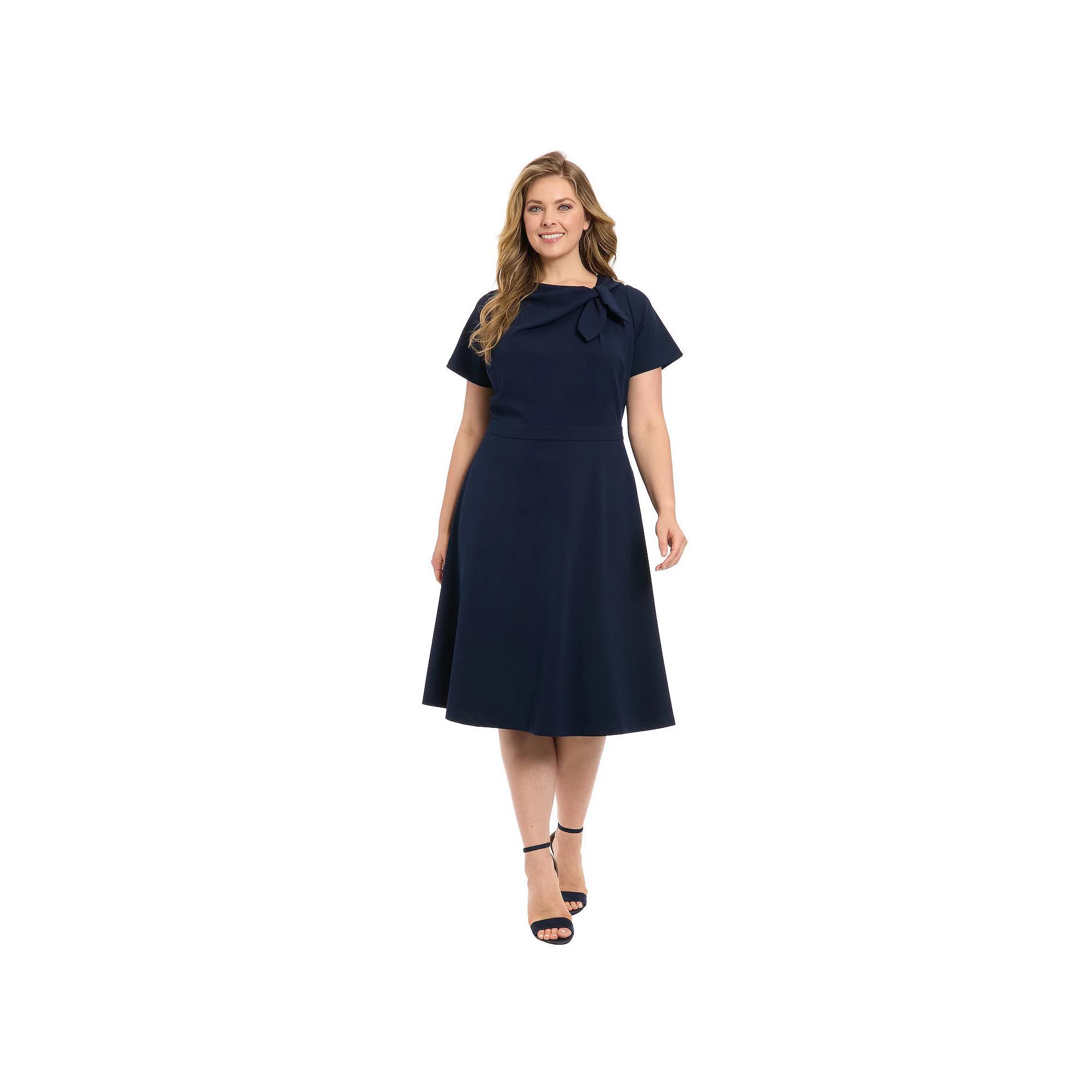 Plus Size London Times Tie Neck Fit and Flare Dress, Women's, Size: 22 W, Blue Product Image