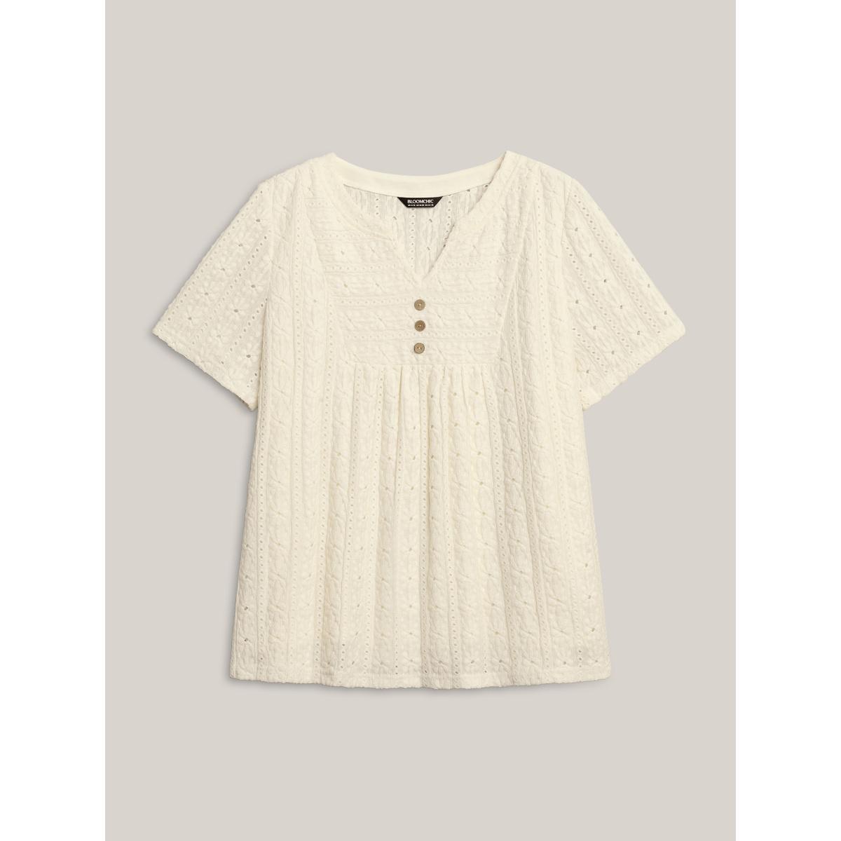 Plus Size Textured Pleated Split Neck T-Shirt WhiteSmoke Women Texture Flat collar with V-notch Everyday-Elegant T-shirts BloomChic 30/6X Product Image