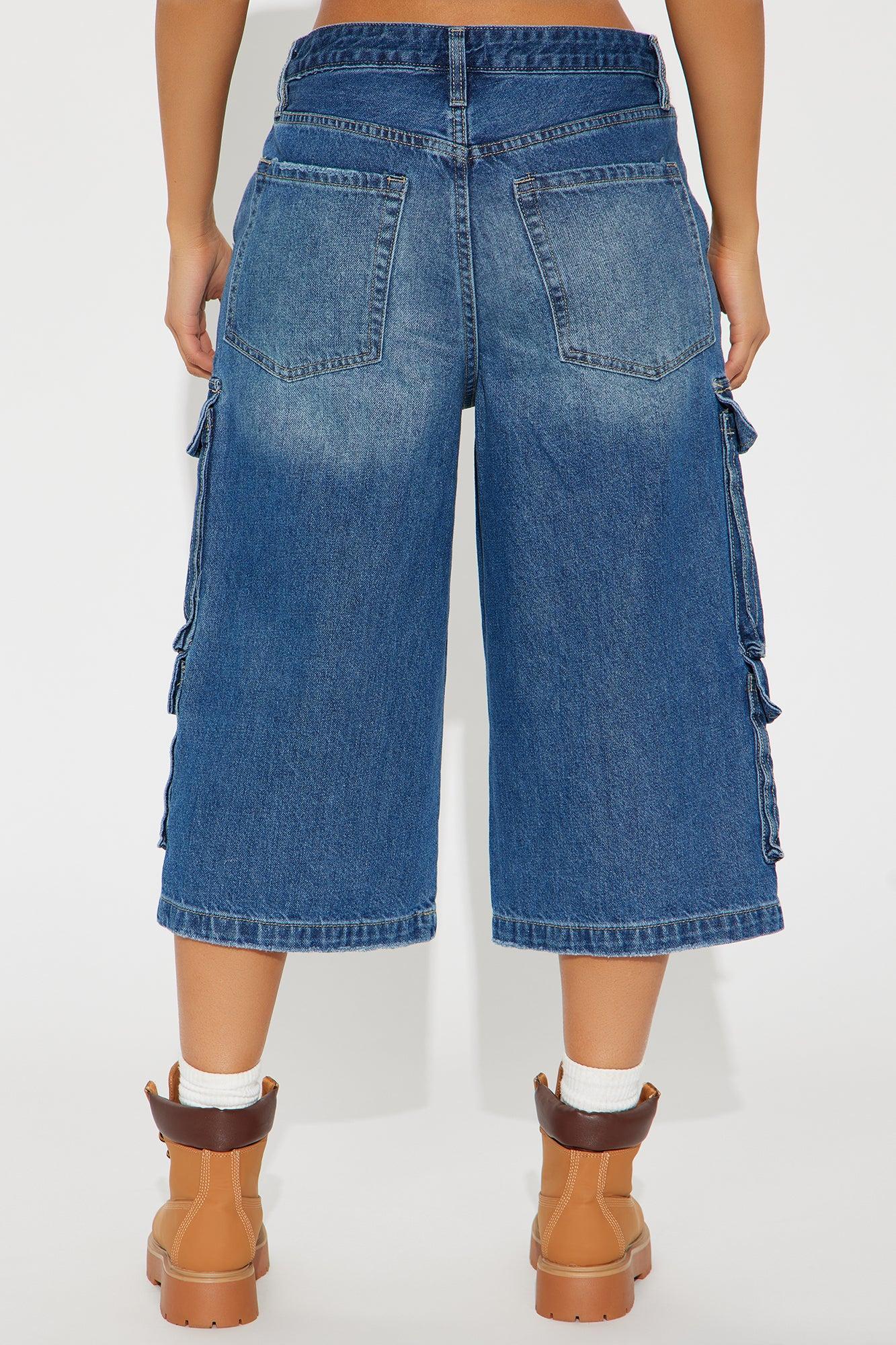 Denize High Rise Cargo Denim Jorts - Medium Wash Product Image