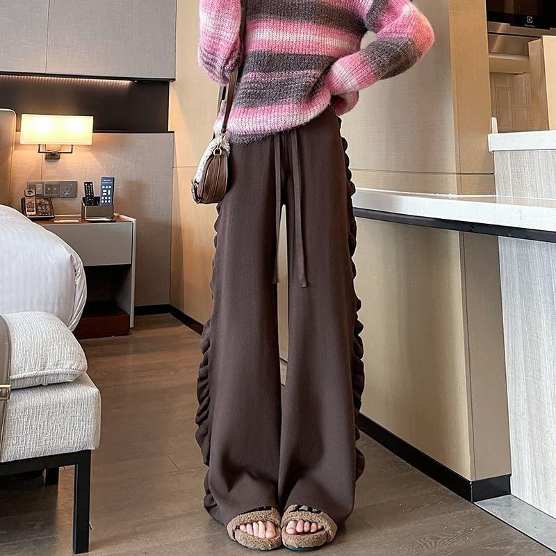 Drawstring Waist Plain Ruffle Trim Wide Leg Pants Product Image