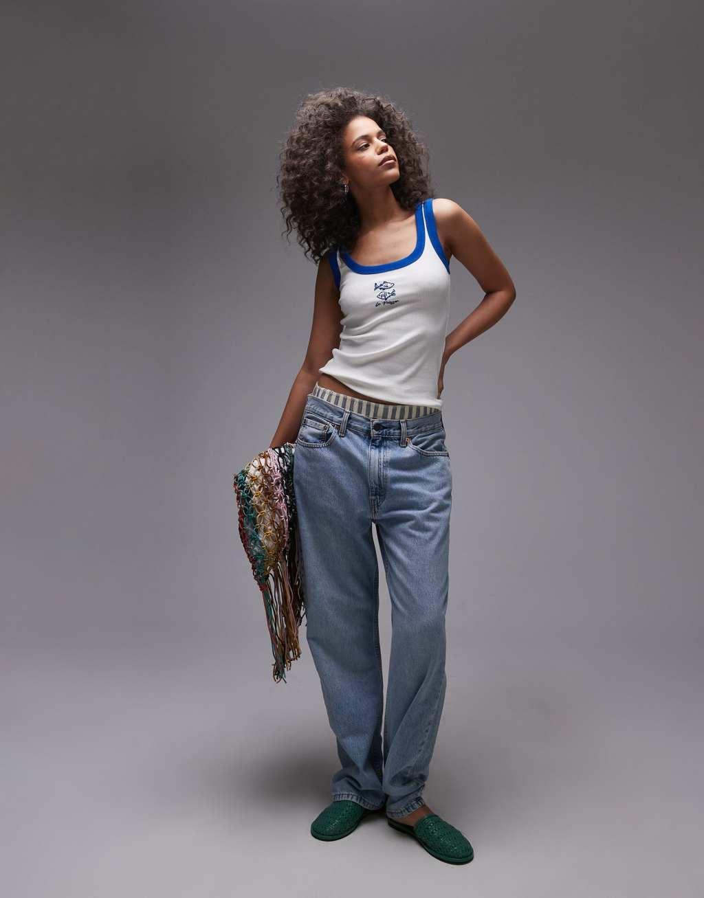 Topshop embroidered Poisson ribbed tank top with blue contrast in white Product Image