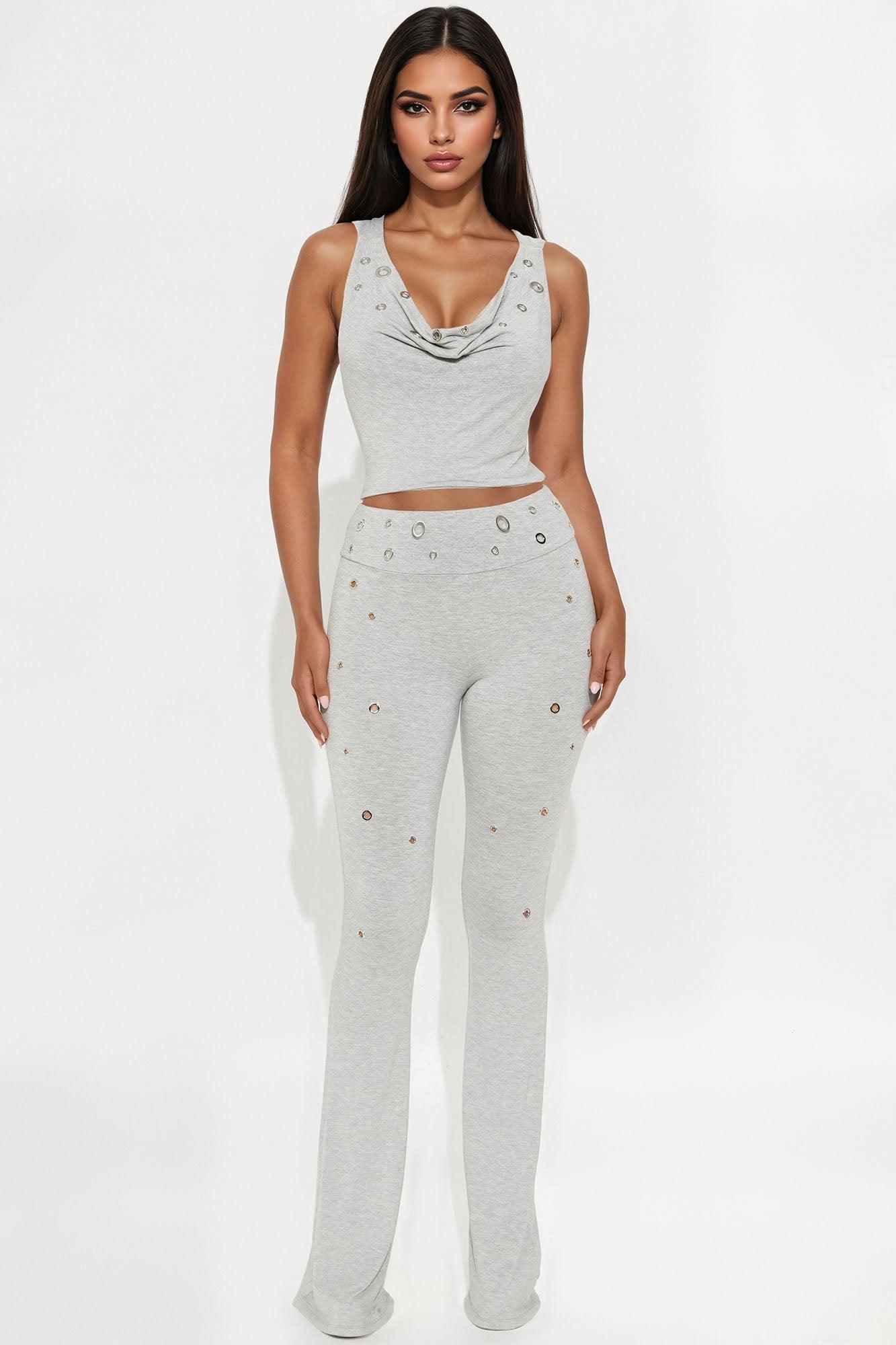 Out All Night Hooded Halter Top Flare Leg Pant Set - Heather Grey Female Product Image