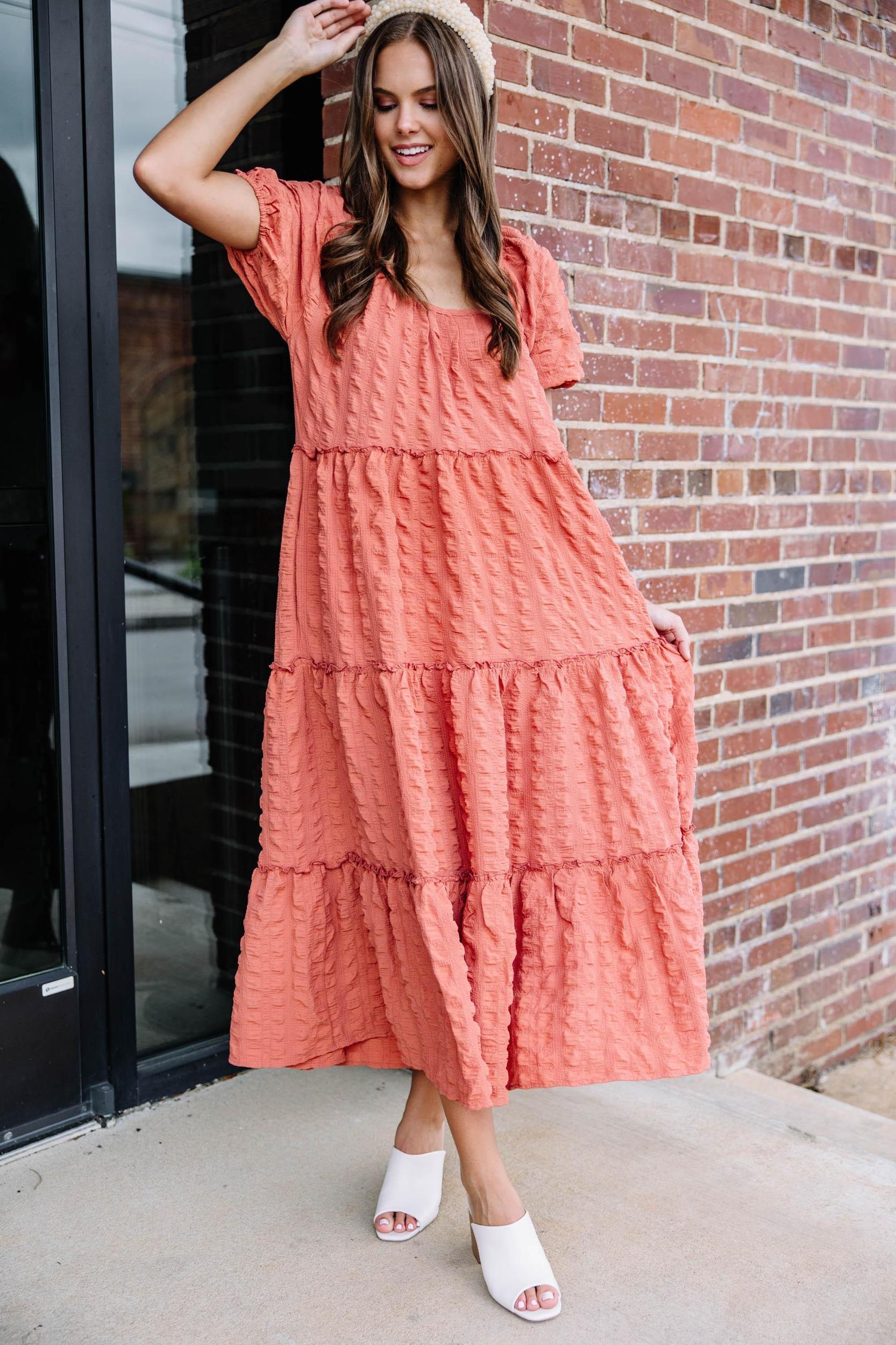Listen To You Salmon Pink Tiered Midi Dress Female Product Image