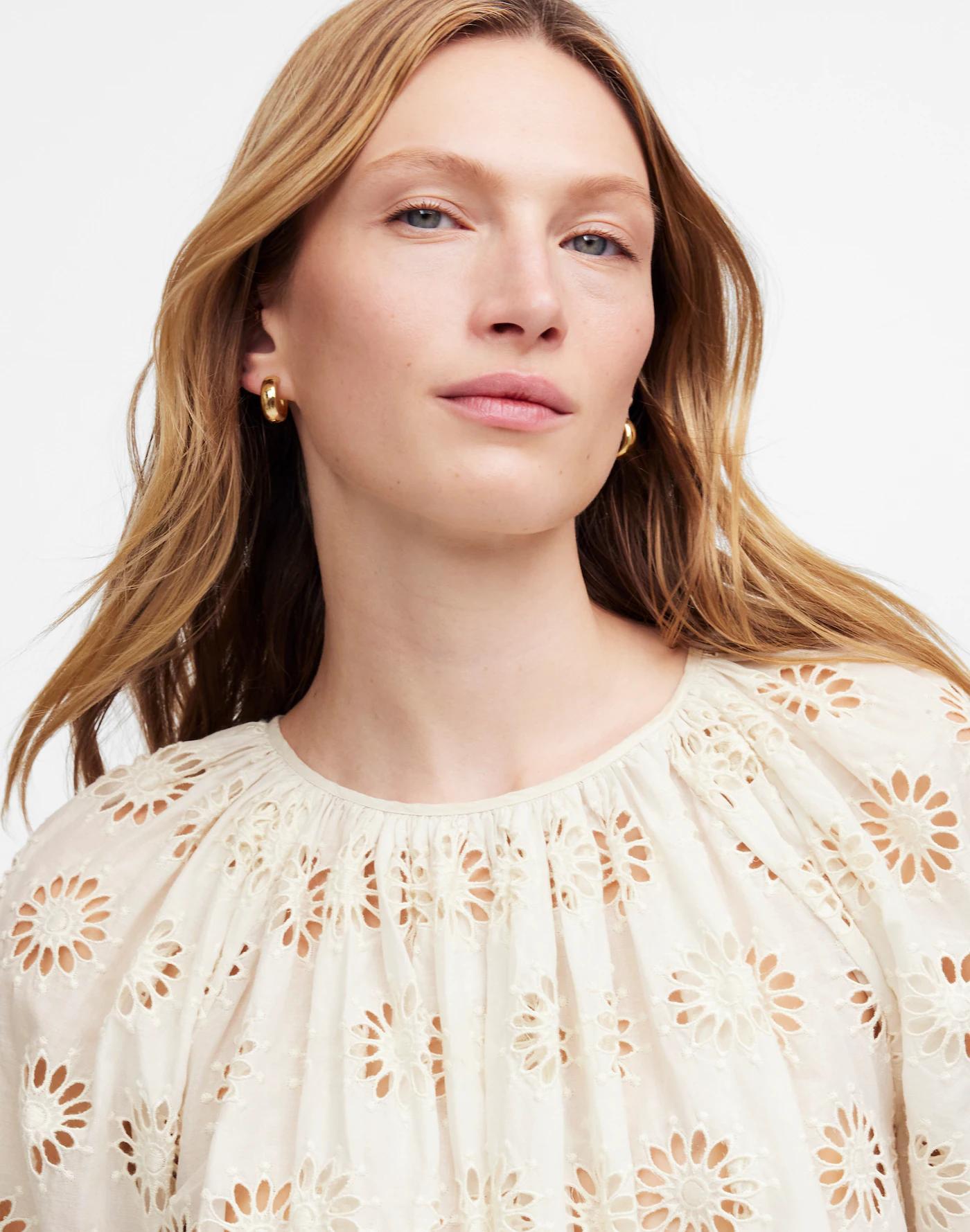 Embroidered Shirred Puff-Sleeve Top Product Image