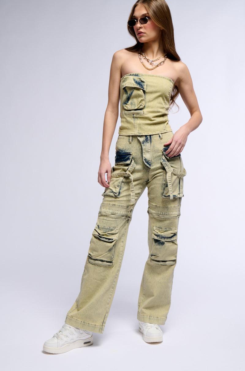 CAPRICE DISTRESSED DENIM CARGO CONVERTIBLE ZIP OFF PANT Product Image