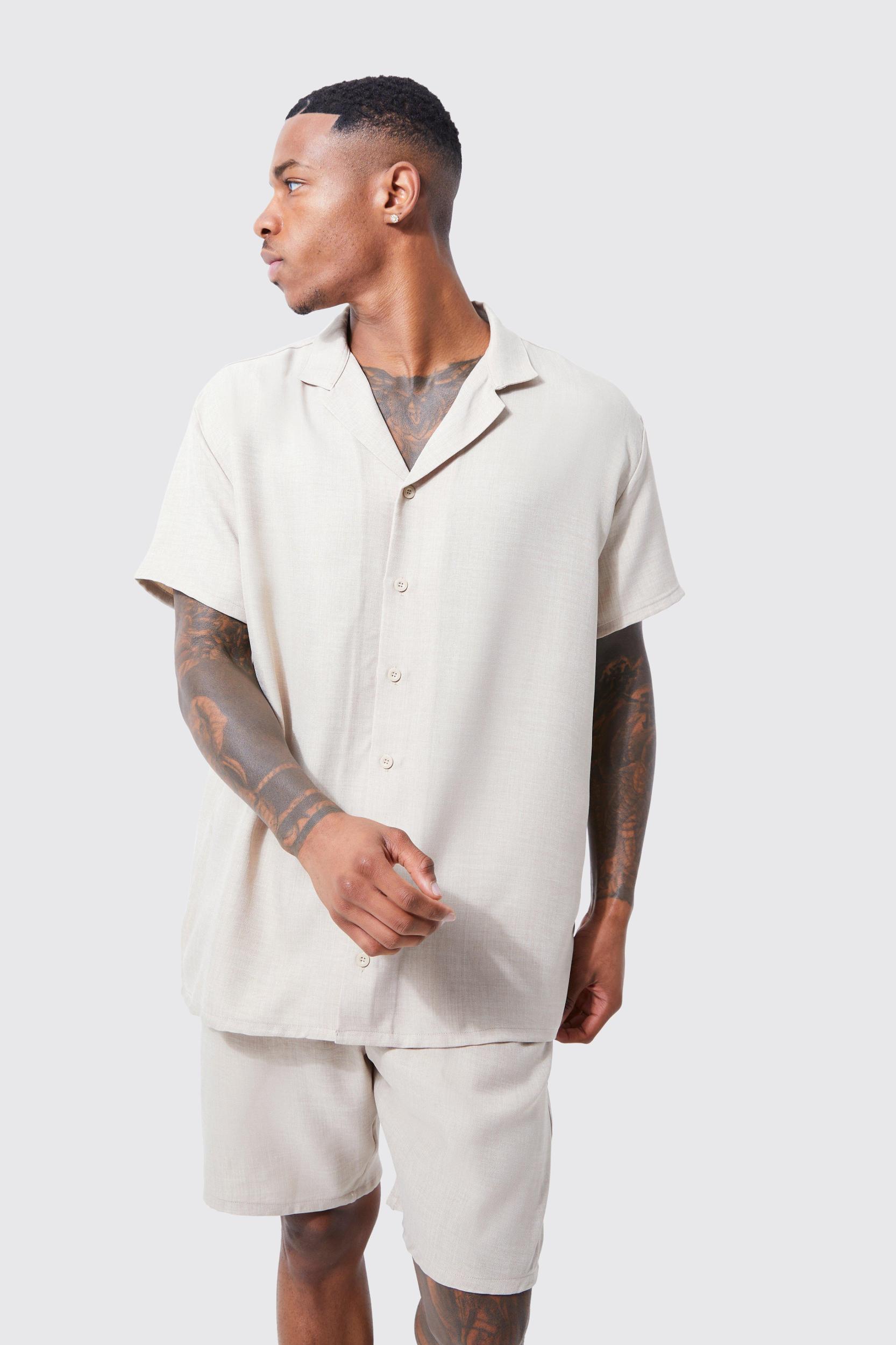 Mens Beige Oversized Linen Shirt And Short Set, Beige Product Image